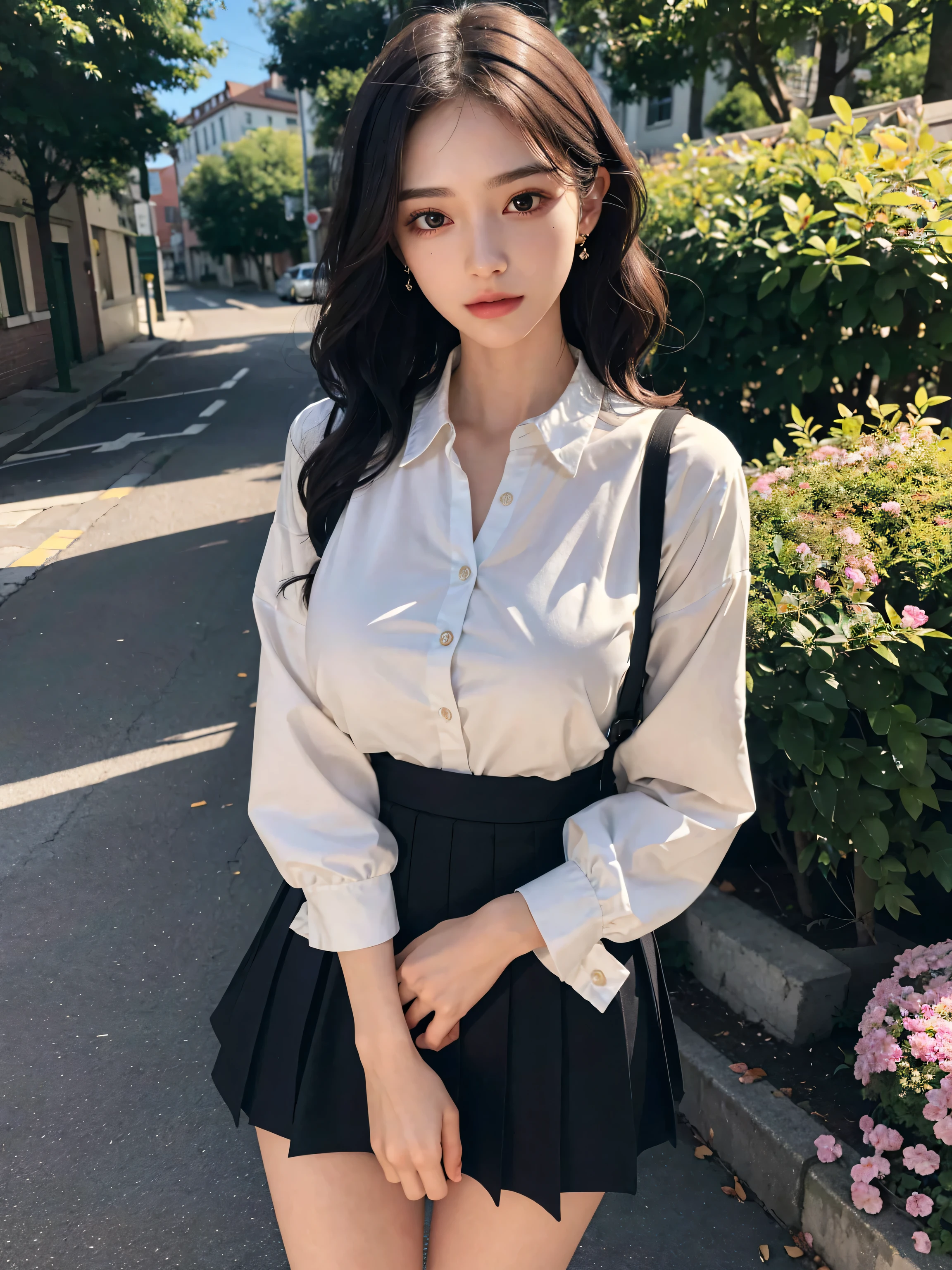 One super beautiful beautiful Korean woman,masutepiece, Best Quality, Ultra-detailed, finely detail, hight resolution, in 8K, ((Photorealsitic:1.4, Raw photography, 超A high resolution,Top image quality: 1.4)), ((Super Korean idol-class beauty:1.3)), (face is round and small), (((The nose is symmetrical and narrow:1.4))),(The ratio of the transcendental nose is symmetrical and small and high.),Wallpaper, ((1 with perfect full body composition.5)), Beautiful detailed eyes, Natural Color Lip, ((a serene smile:1.5)), ((Random and cute bangs see-through hairstyle)), ((Wear clothes with random colored collared shirts:1.5)), ((big breast size:1.6、cleavage of the breast:1.2)), ((Wear a random cute mid-length skirt:1.5)), ((Only one mole just above the tear bag:1.2)),((background:1.4)), ((random happy expression)),Highly detailed and natural lighting)),((thigh visible:1.5)),BREAK((I hold the hand of someone other than myself that has reached out.:1.5)),date with a man:1.5,Looks like a random little devil:1.3,