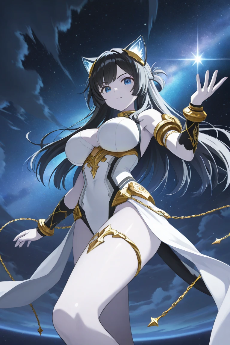 melodia,1girl ,pointy ears ,solo ,long hair,red eyes,black hair, head wings, evil look, blushing, rear view, cowboy shot, ass,
MelDress, jewelry, cleavage, white choker, white leotard , collarbone, detached sleeves , circlet, collarbone ,
outer space, stars,
(insanely detailed, beautiful detailed face, masterpiece, best quality),<lora:melodia:0.7>