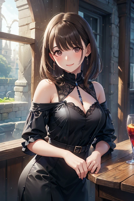 anime scene of a woman in leathers sitting at a table, artwork in the style of guweiz, guweiz, hyperrealistic d & d fantasy art, relaxing concept art, 2. 5 d cgi anime fantasy artwork, wlop and krenz cushart, warm fantasy lighting, best on wlop, fantasy gorgeous lighting