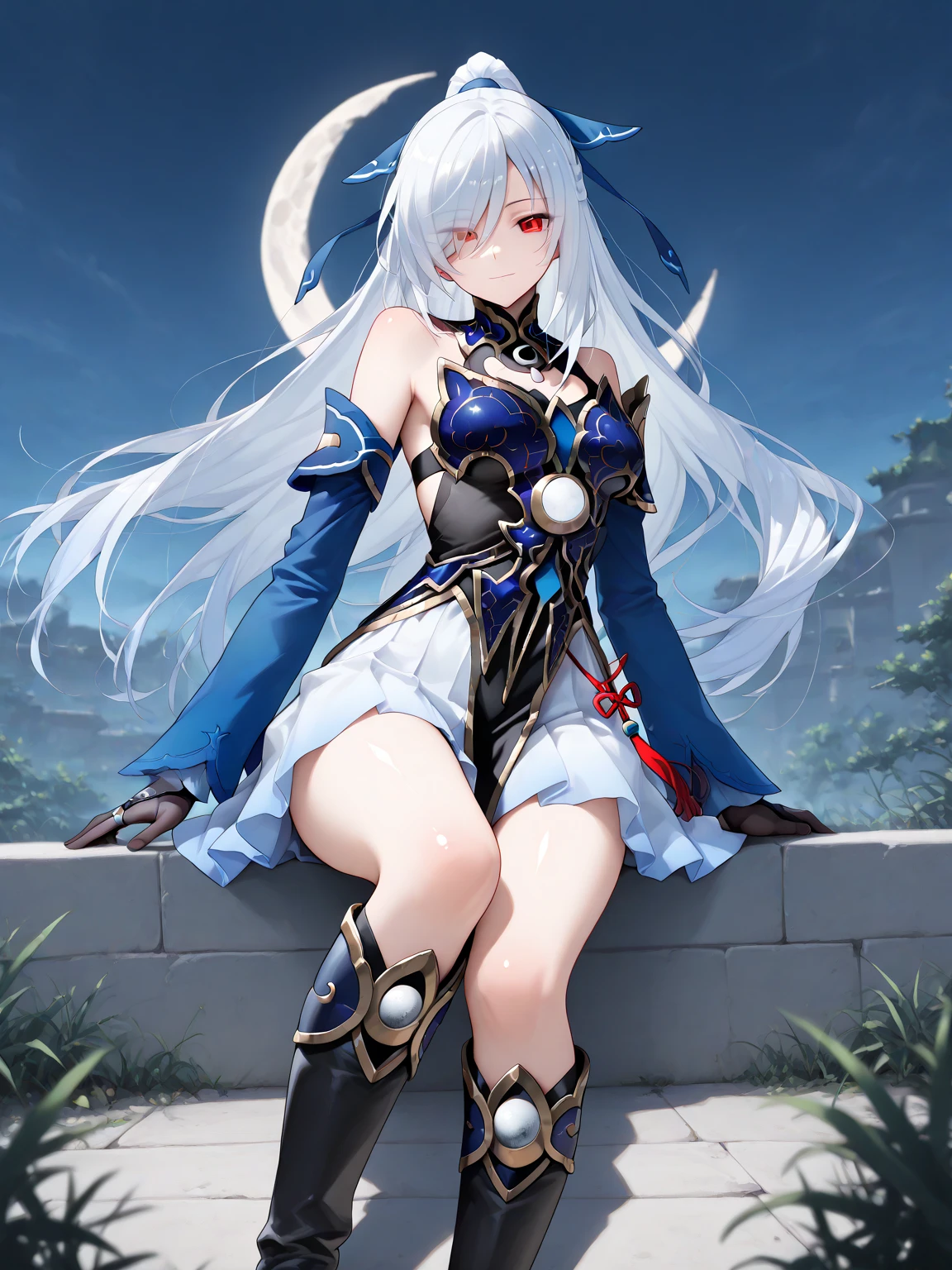 masterpiece, best quality, JingliuV4, 1girl, solo, looking at viewer, closed mouth, gloves, dress, black gloves, detached sleeves, hands behind back,