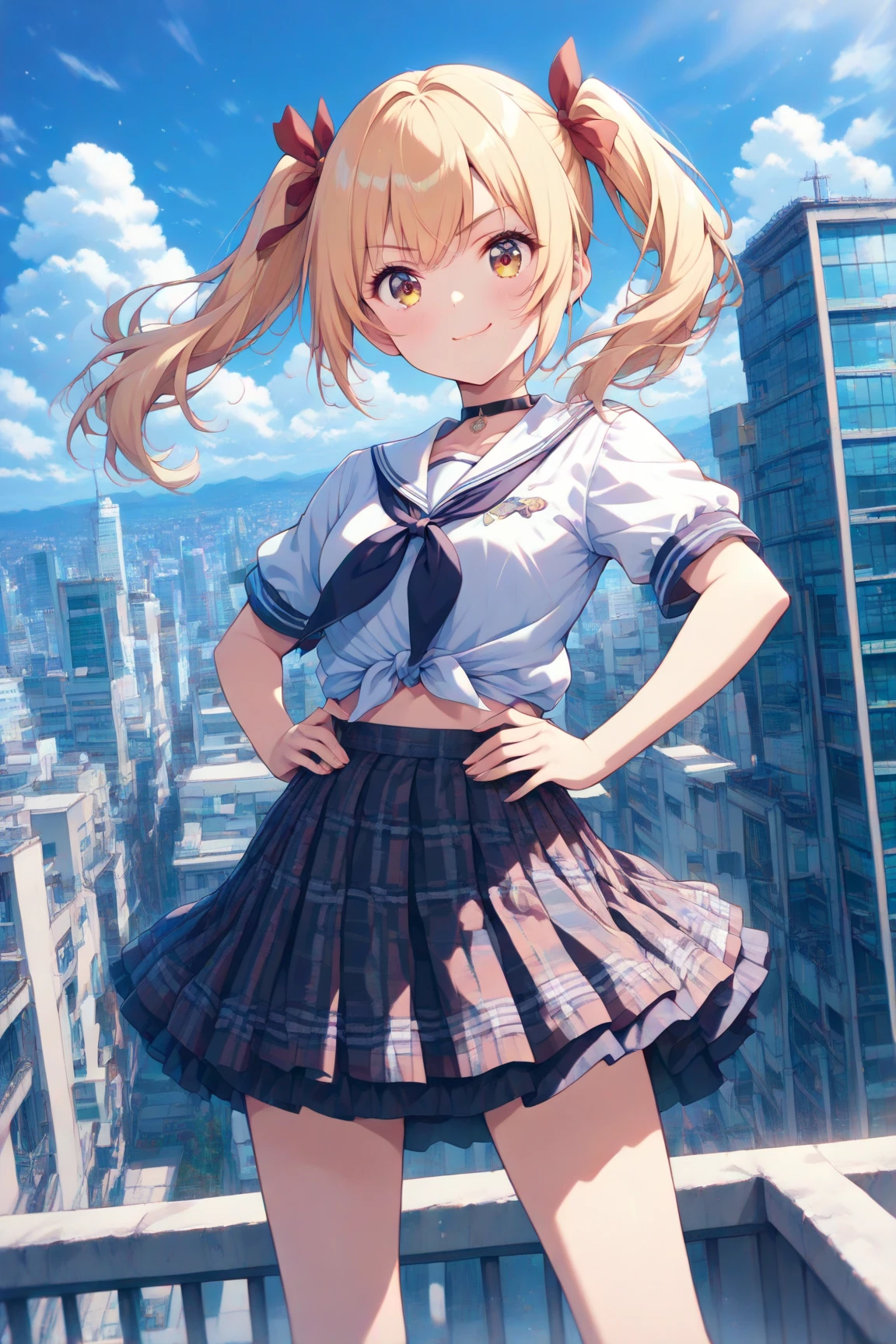 (masterpiece:1.3, highest quality, Ultra-high resolution, Super detailed), (Realistic:1.1, photoRealistic:1.4), Beautiful illustrations, Perfect lighting, colorful, Depth of written boundary, 
View your viewers, 1 girl, solo, Japanese, high , (Anatomically correct), Cute and symmetrical face, Baby Face, Sunburn, Shiny skin, 
(Middle Hair:1.5, Twin tails:1.2, Blonde), Asymmetrical bangs, blue eyes, Long Eyelashes, (Medium chest),
((Collared short-sleeved shirt, Light blue shirt, Grey plaid pleated skirt, Navy them)), No panties, evening, (Outdoor, distant cityscape), (Cute smile, Cheek blush、Upward glance, Open your mouth), (open pussy:1.3),(nsfw:1.3)
