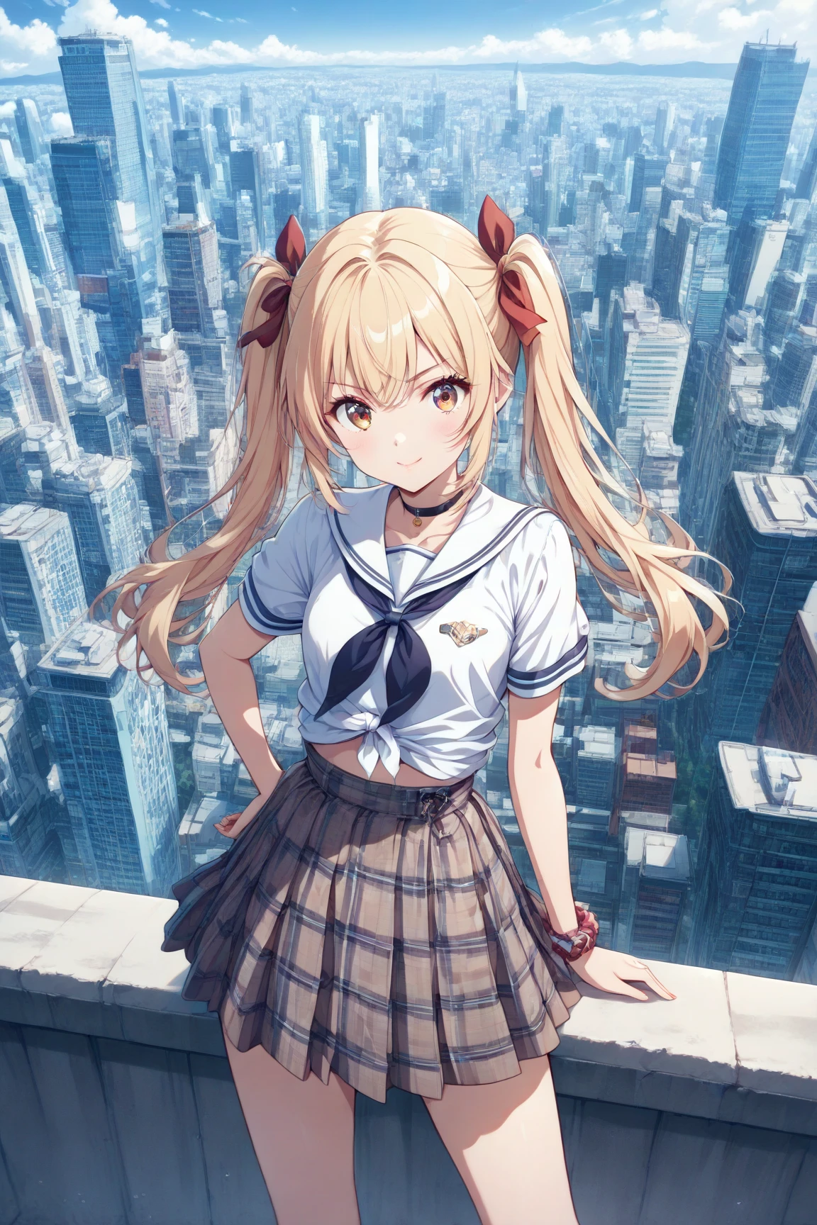 1girl,masterpiece,best quality,blonde hair,(dual short ponytails),blue eyes,(white stockings),(red plaid skirt),standing,in full length,medium breasts,white t shirt,in front of streets,extremely detailed,[[realistic]],beautiful alluring anime teen,seductive anime girl