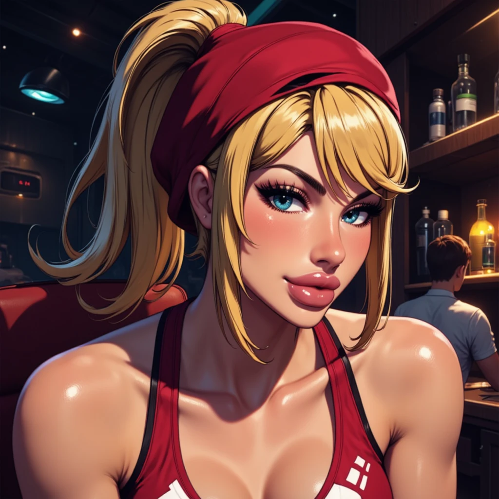 LidiaSobieska, blue eyes, blonde hair, scar on face, ponytail, fingerless gloves,red hairband,black karate belt,clothes around waist,white dougi pants, red tank top, looking at viewer,serious, smiling, sitting, on stool, inside bar, holding martini glass full of grape juice, neon lighting, high quality, masterpiece <lora:lidia:.7>