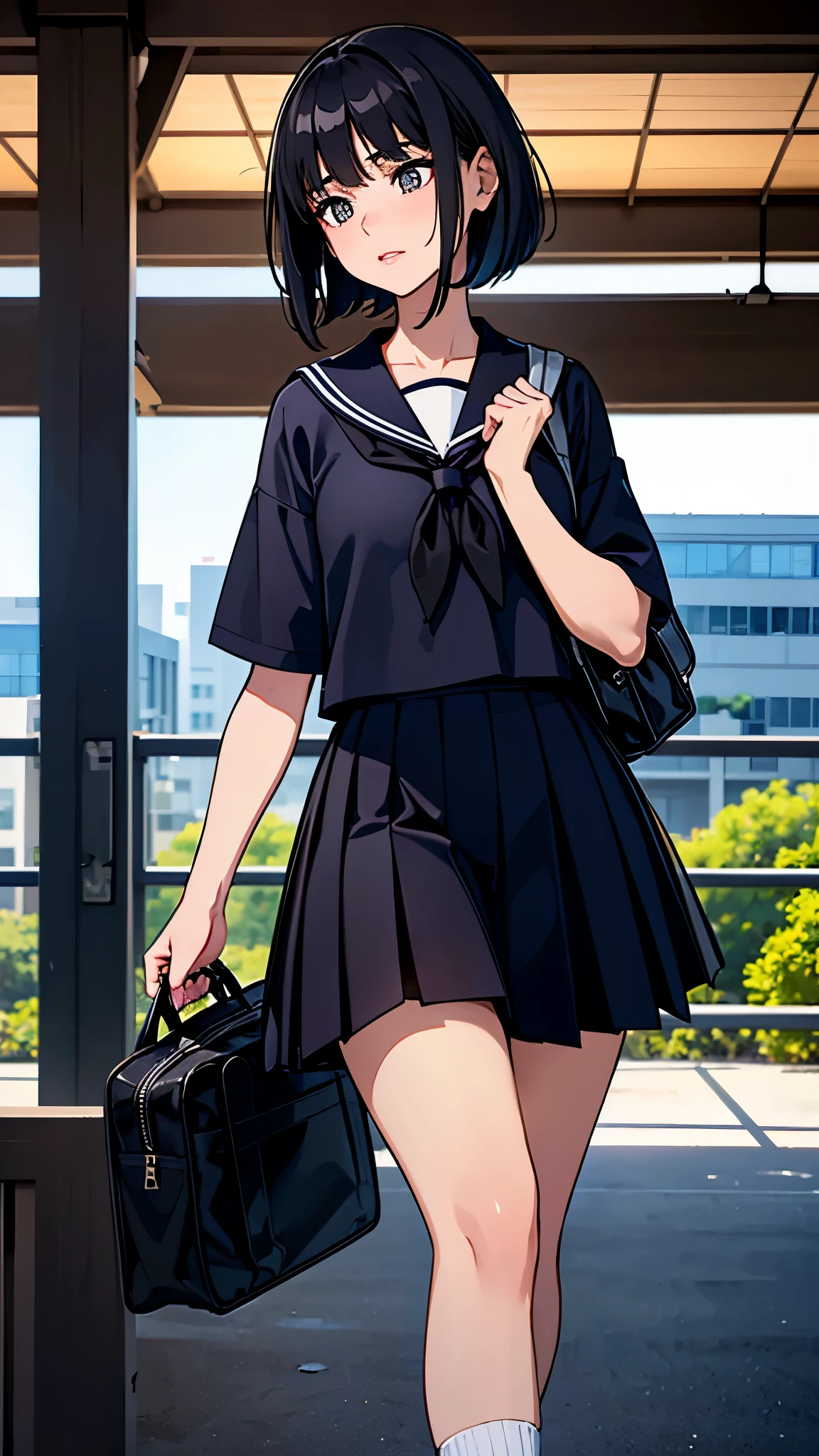 absurdres, RAW photo, extremely delicate and beautiful, masterpiece, Best Quality, ultra high resolution, 32k, hyperrealistic, ultra-detailed, perfect figure, in her 20s, very small head, very small face, delicate facial features, tearful mole, earring, huge breasts, legs, full body shot, medium hair, black hair, sweat, school_uniform,