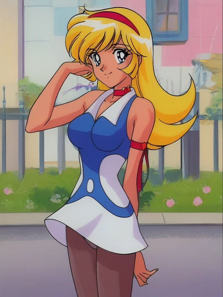 (Anime artwork, Anime Style, Studio Anime, Very detailed, up to date, Vibrant, Anime Coloring Book, High Contrast, masterpiece:1.2, Highest quality, Best aesthetics),((kisaragi honey:1.4)), blonde hair, summer dress, hair band, BREAK score_9, score_8_up, score_7_up, source_anime, best quality, (blue eyes:1.1),