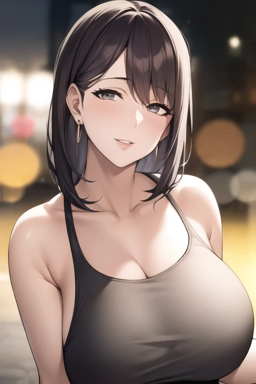 (mature female:1.4), masterpiece, best quality, 1girl, solo, cleavage, smile, purple eyes, brown hair, tank top, blush, collarbone, bare shoulders, white shirt, looking at viewer, upper body, ponytail, shirt, large breasts, bangs, blue hair, closed mouth,