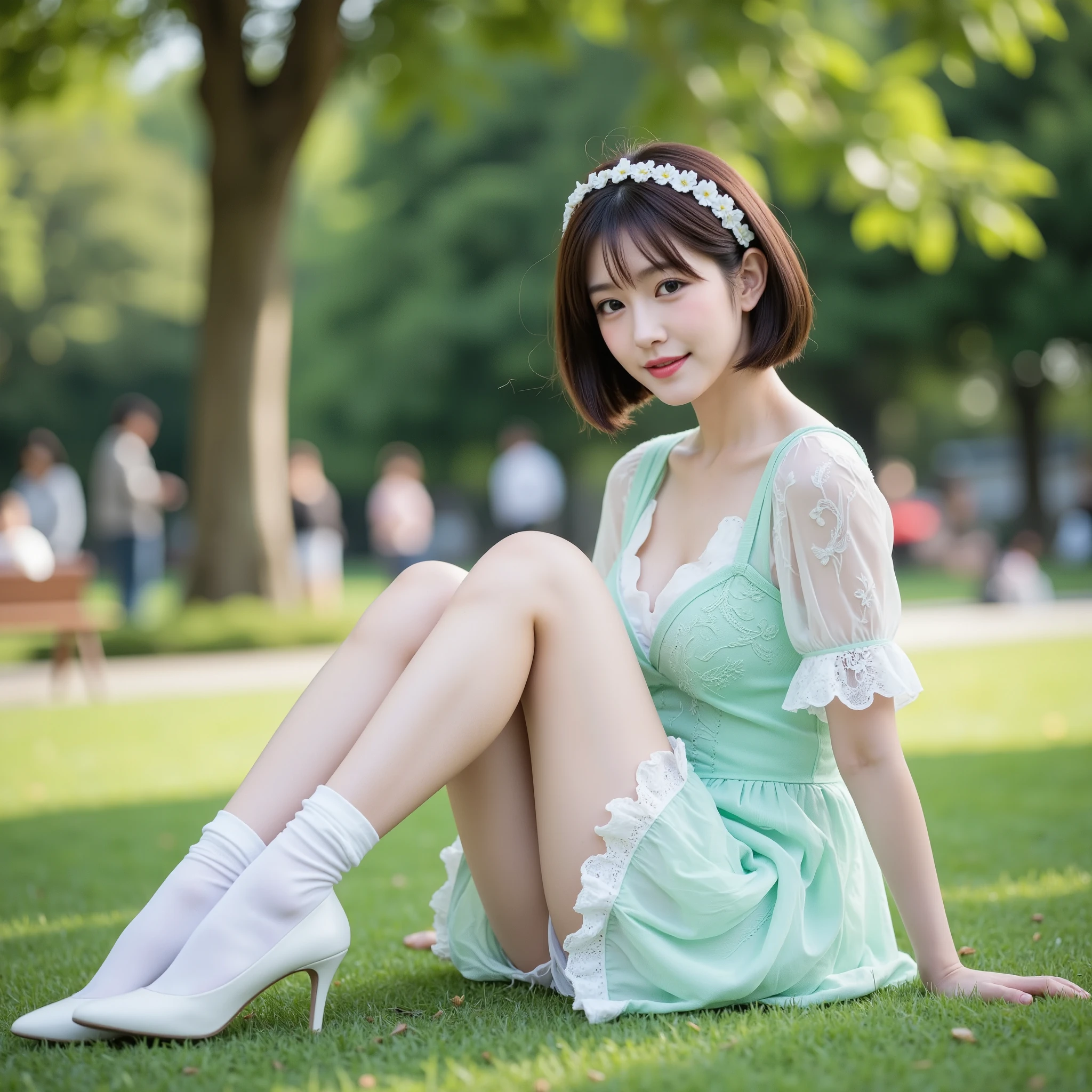 NSFW, (Uncensored), (Top Quality), (Ultra-Precise CG 16K Wallpaper), (Realistic), (High Saturation), (Sharp), Beautiful Detailed Shading, Beautiful Natural Lighting, Beautiful Detail Glow, Natural Light, Depth of Field, (Mature 24-year-old woman, One person), (Beautiful Japanese face), (Straight bob hairstyle with bangs down), (Shiny brown hair), (Sparkling eyes), (C-cup size breasts), (Cleavage), (Beautiful breasts), (Beautiful legs), (Beautiful skin), Beautiful proportions, (Afternoon sunlight), (The woman is smiling with her mouth open: 1.3), (The woman is looking at me), (The woman is wearing a mint green and white two-tone short-sleeved V-neck lace mini dress and white ruffled ankle socks), (Wearing a flower headband and white pumps), (Sitting pose with knees raised), (Park square), (Full screen image), (full body shot of a woman), (side view of a woman), (woman sitting on the grass with her knees up),