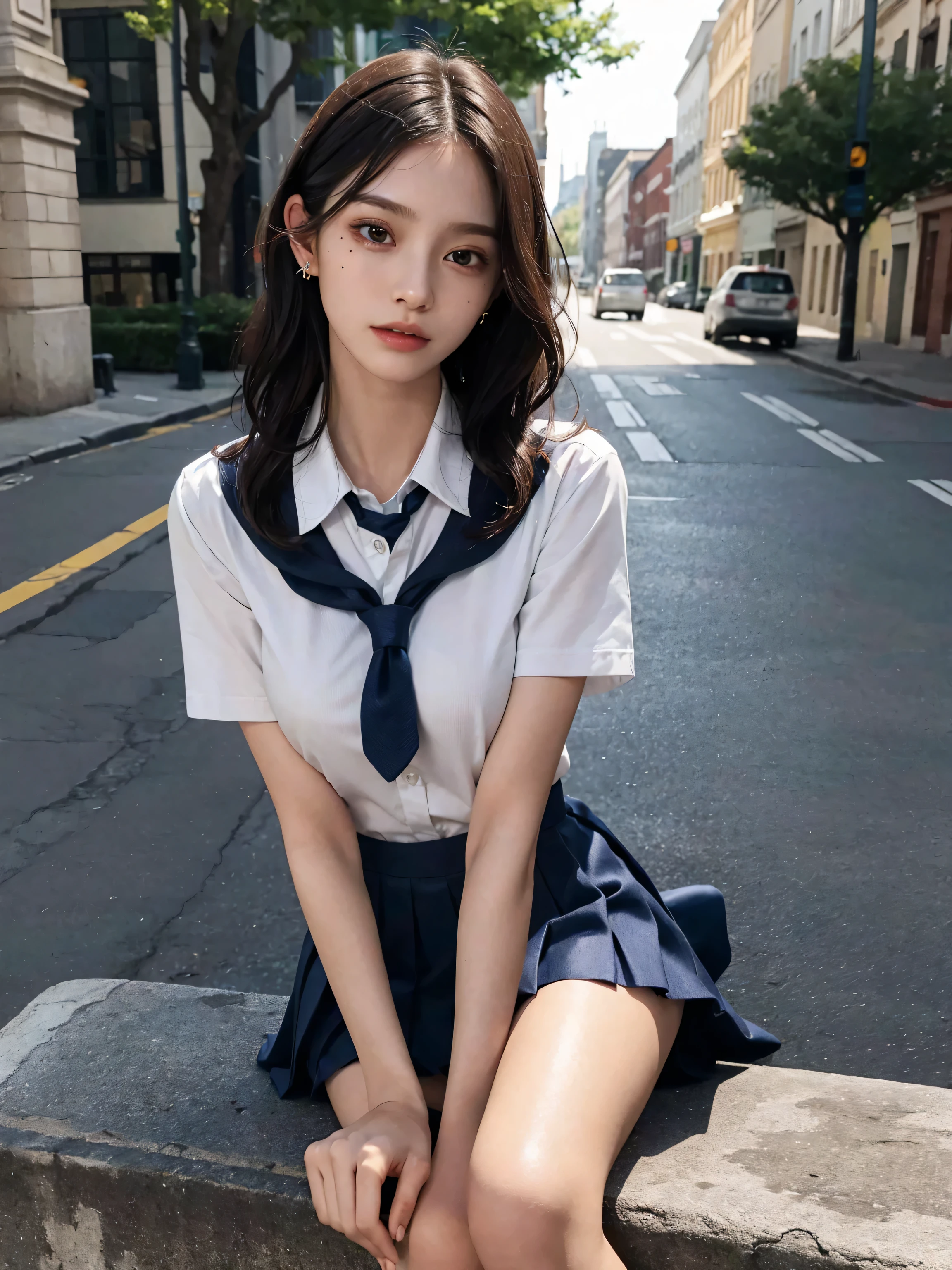 disorganized, Raw photo, very delicate and beautiful, masterpiece, highest quality, ultra high resolution, 32k, surreal, Super detailed, perfect anatomy, perfect figure, super dense skin, Highly detailed CG 8k wallpaper, Very slim body, tight waist, very small head, very small face, delicate features, tearful mole, very big earrings, thin legs, (very huge round breasts:1.2), (full body shot:1.1), (1 girl:1.2), short hair, (wavy hair:1.2),  (wet clothes:1.1), (school uniform:1.2), collared shirt,