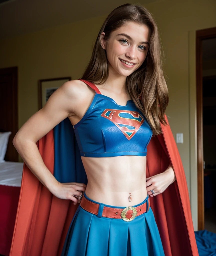 RAW, Best quality, high resolution, realistic, masterpiece: 1.3), emma watson as Supergirl, black hair, perfect nose,perfect lips, perfect eyes, smiling, detail :1.2),1 supergirl in short red skirt, blue suit, full body image detail, watery eyes, RAW, Best quality, high resolution, masterpiece, soft smile, sitting on chair, spread legs wide open showing white lace panties, red skirt, show cameltoe, medium thick thigh, supergirl, full body picture.