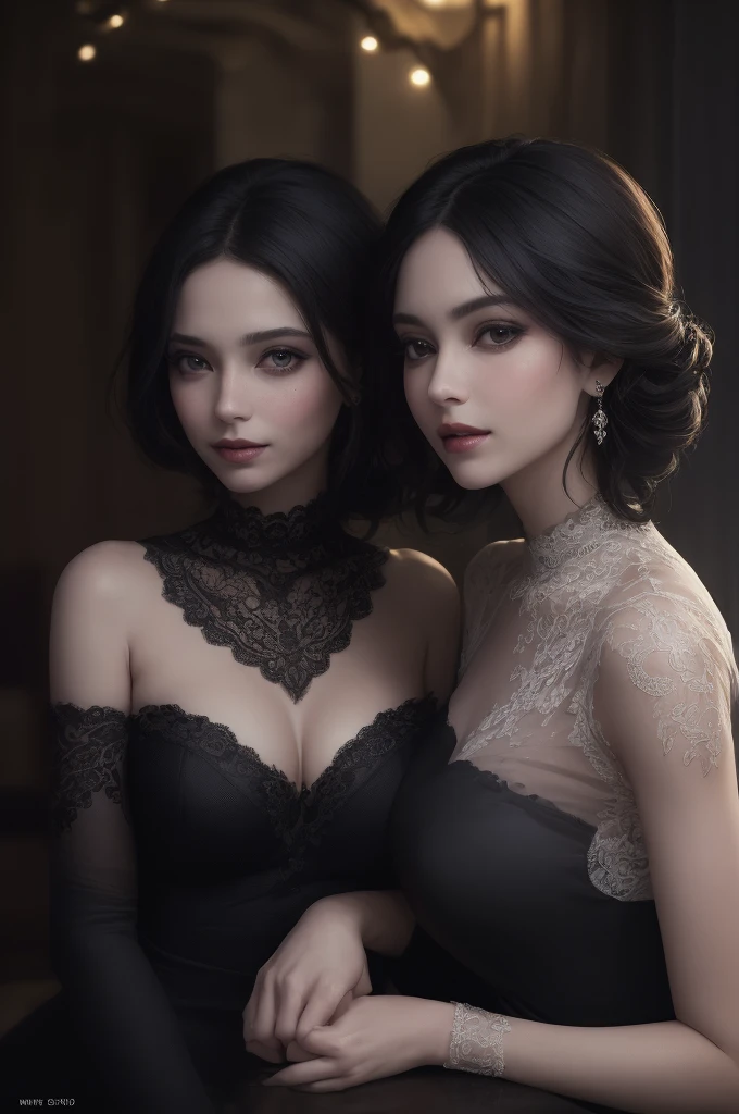 (a closeup)、two womens、(looking at view)、Two people sitting next to each other on a large sofa、(Red-haired)、((short-hair))、(Pattsun bangs)、(A wistful look)、(The best smile)、(Photoreal Stick:1.2)、in 8K、high-level image quality、(High quality shadows)、Detail Beautiful delicate face、Detail Beautiful delicate eyes、pureerosface_v1、gloweyes、(Red lipstick close to orange)、perfectbody、Perfect Style、(Brown eyes)、 (strong lights)、(a choker)、Shiny hair、Description beautiful delicate hair、(Lustrous skin)、(Black long sleeve see-through dress)、(corsets)、(long skirt)、 (early evening)、inside in room、huge window、Many vases and lots of flowers、电影灯光、Sunlight shining through the window、