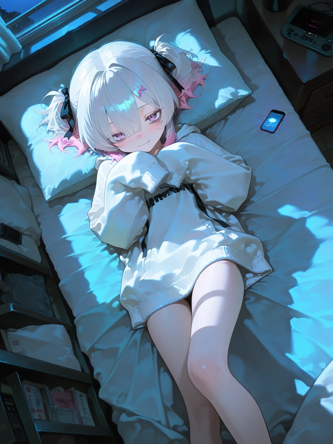 (tmasterpiece,Top image quality)super detailing,Ultra-clear quality,A white-haired teenager sits on the bed,The room was dim,Glowing butterflies flew beside him,Teenager holding clock,Keep your eyes on the camera,The lens focuses on the teenager,The room was simply decorated