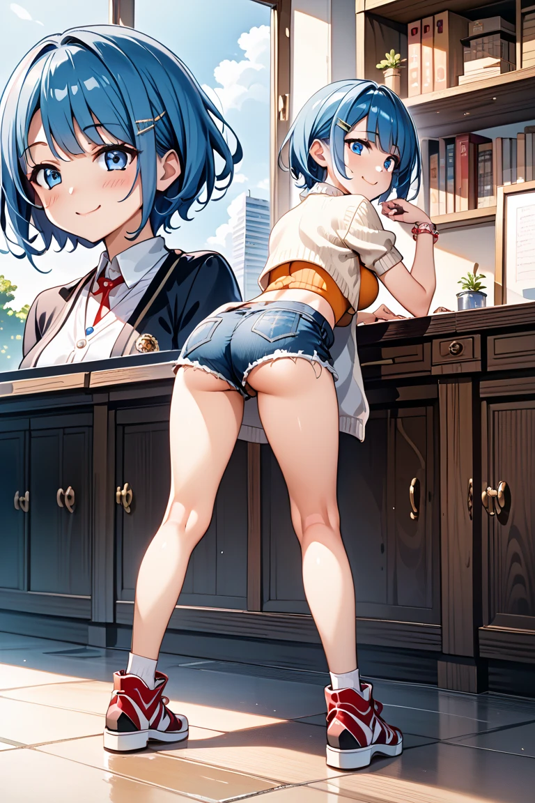 8K,Masterpiece、Blue Hair、Japanese 、、、Lift up your skirt、On all fours、Showing panties、Stick your butt out、Turn your ass towards me、Blushing、、Showing panties、Pull up your skirt、Blushing、