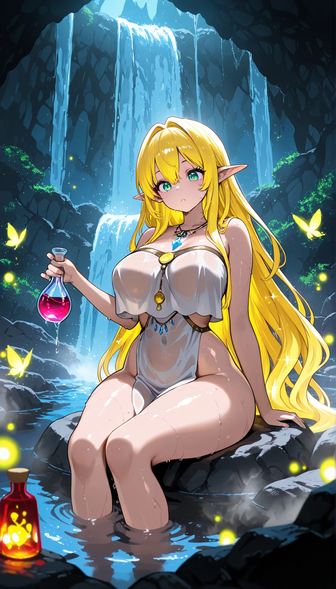 depth of field, high definition image, a lot of details,((cortinas de pecho)),cave con Minerales luminicentes,sparkling crystals,aberracion cromatica ,4k, bokeh, dark atmosphere, mysterious, Describe the fantastic, light effect, natural beauty, hot springs, GROUNDWATER,Fireflies glowing,steam rising、Mineral, cave, fancy,1 girl,wide hips,pelvic curtain necklace,eleven,broad breasts,chest curtain top, eleven de piel blanca,Magic Pond,elixir ,pointy ears,broad breasts,shiny blond crystal hair,Waterfall,water bath,wet,red healing potion with a drawing of a heart,sitting on a rock,looking at the potions with reflection expression,eleven exploradora