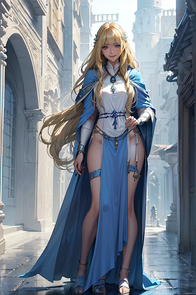 2D illustration, anime style, beautiful girl, elf, 12 years old, blonde, blue eyes, hair ornament, smiling, chest open, whole white ultra-thin fabric, see-through ancient style robe, (without panties)), (the tip of the chest is protruding)), (the entire chest is showing through), floating hem, holding a magic wand in one hand, collar, bangle, anklet, bare feet, ((Close-up of a person, Low angle, skipping, crotch close-up, sheer crotch streaks, crotch droplets,)) Wet body, wet clothes, medieval cityscape with traffic, wind blowing, ambient occlusion, halation