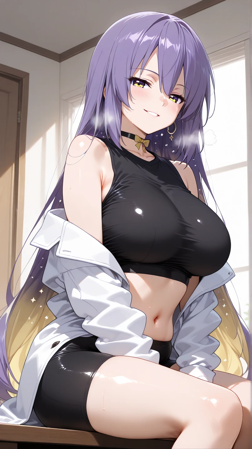 ((large titieeautiful lovely lady, Wear only a mini bra and a black miniskirt, Gorgeous Hair in Long Purple, ssmile, Have on the street, (thinness), (Small waist), 8K, tmasterpiece: 1.1), Better quality, Highest quality, perfect anatomia, A high resolution, ultra - detailed, 8k wallpaper, textur, the detail, only one, hdr, (extremaly detailed cg: 1.1), elaborate features, profesional photo, Big breasts beautiful meticulous eyes, Ray traching, , s the perfect face, rendering by octane, hentail realism, innovative, 1girll, close to viewer, foco nítido, hardfocus, unclear, Long hair, Female Madura, Chiseled face, satisfied (bike shorts: 1.1), (tube top: 1.1), huge tit, light blush, perspired、Glossy glossy skin, Deep skin, vivd colour, vapor, glowy skin, Light lips, exteriors, After training, big breasts beautiful, thongs,
