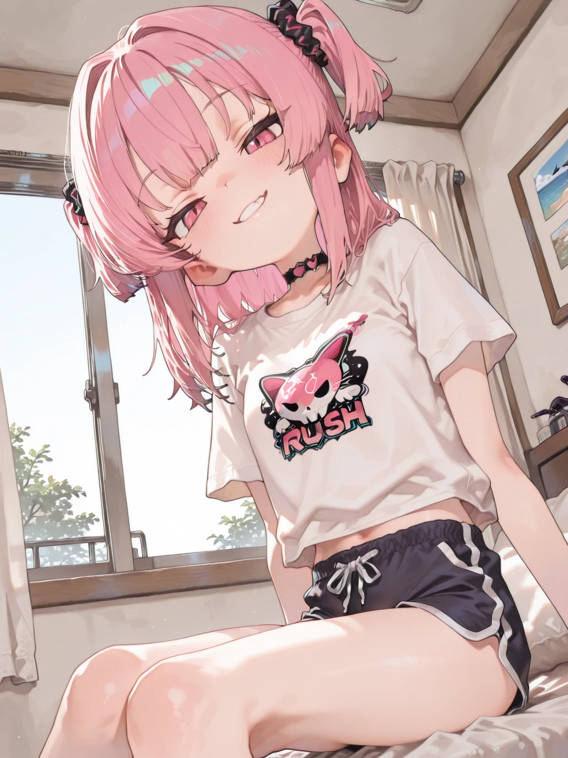 teenage girl,short crop top,hot pants,Queen,Shake ack view,Cord,shackle,red eyes,No underwear,pink hair,big ass,Playful,stick out your tongue,Smile,sweat,secretion,Buttocks close up,sitting,Sit on the camera,back view,raised buttocks,sexy,Underpants