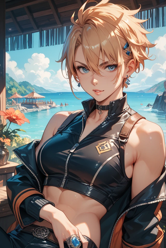 Steppiece, Best Quality, Ultra-detailed, Absurd, Portrait of cute android18DB, Realistic face, Solo, earrings, Jewelry, , brave, Eyeshadow closed, the beach, gloves, Necklace, Rock, Standing, fighting position, Volumetric lighting, Best Quality, masutepiece, Intricate details, tonemapping, Sharp Focus, Hyper Detailed Luxury swimwear Miwaki Beautiful abs beauty legs A sexy a wet body