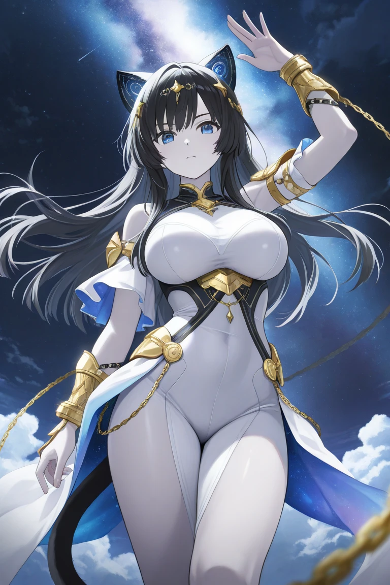4K,High resolution,One Woman,Blue Hair,long hair,Braid,Big Breasts,Valkyrie,White sacred high leg leotard armor,White gloves,White shoes,Winged headgear,Jewelry decoration,Gold decoration,Holy Sword,Temple in the Sky