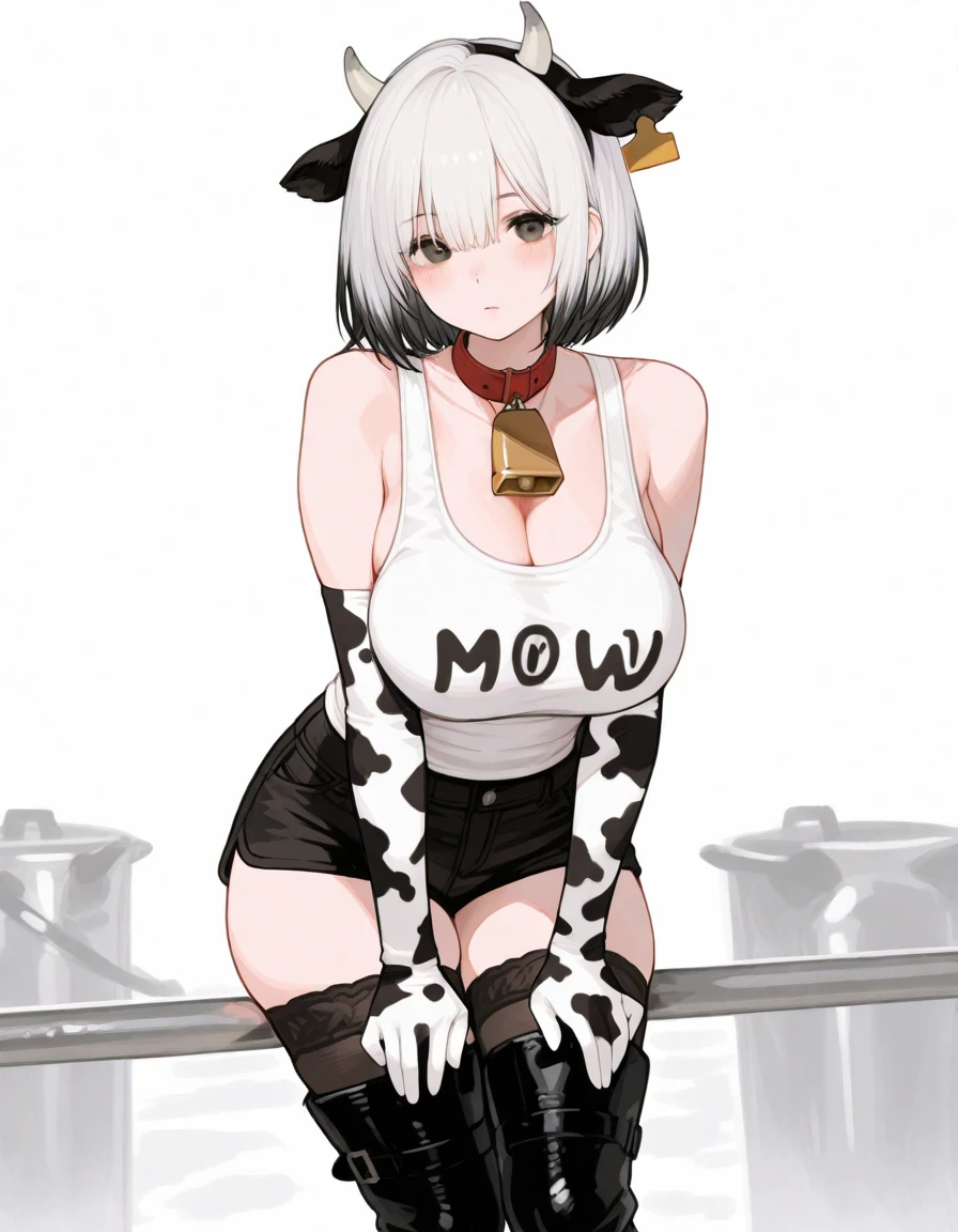 anime girl with black and white cow print outfit and black hat, inspired by Josetsu, cow-girl, trigger anime artstyle, inspired by Kusumi Morikage, inspired by Taiyō Matsumoto, inspired by Unkoku Togan, gapmoe yandere grimdark, in an anime style, 1 7 - year - old anime goth girl