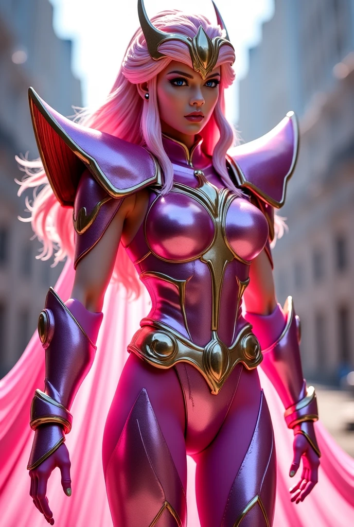 masterpiece, best quality, ultra high res, realistic skin texture, armature, (photorealistic:1.4), high resolution, raw photo, shiny skin, realistic skin texture, best lighting, sparkle, dramatic lighting, dynamic pose, (greek temple background:1.3), night sky, cosmos, milky way, 1girl, balanced eyes, Andromeda Shun, pink/purple armor, roman skirt plate, (breast plate:1.5), cleavage, pink hair, (pink helmet:1.3), red eyes, (looking at viewer:1.3), (medium breast:1.3), slight smile, (chains around arms:1.3),