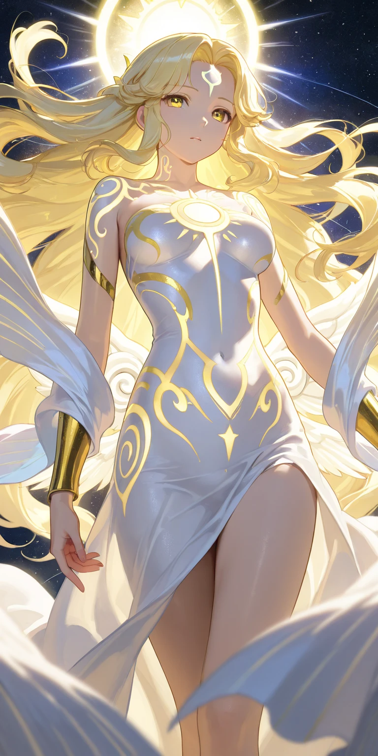1 girl, solo, young girl, tale-like ambience, zoomed out, spoiled room, very dim lighting, gold flakes flying, almost naked, small breasts, very long silver hair, dressed as an ancient goddess, ray tracing, realistic hands