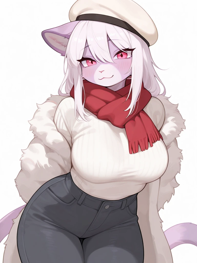 kenny \(kenashcorp\), 1girl, (sheep, sheep girl), furry, sheep ears, heart ahoge, animal nose, black and white fur, black arms, eyes makeup, black eyes, sheep tail, cheek heart, white afro, white wool, simple background, dark background, white sweater, turtleneck, black cargo pants, huge breasts, thick thighs