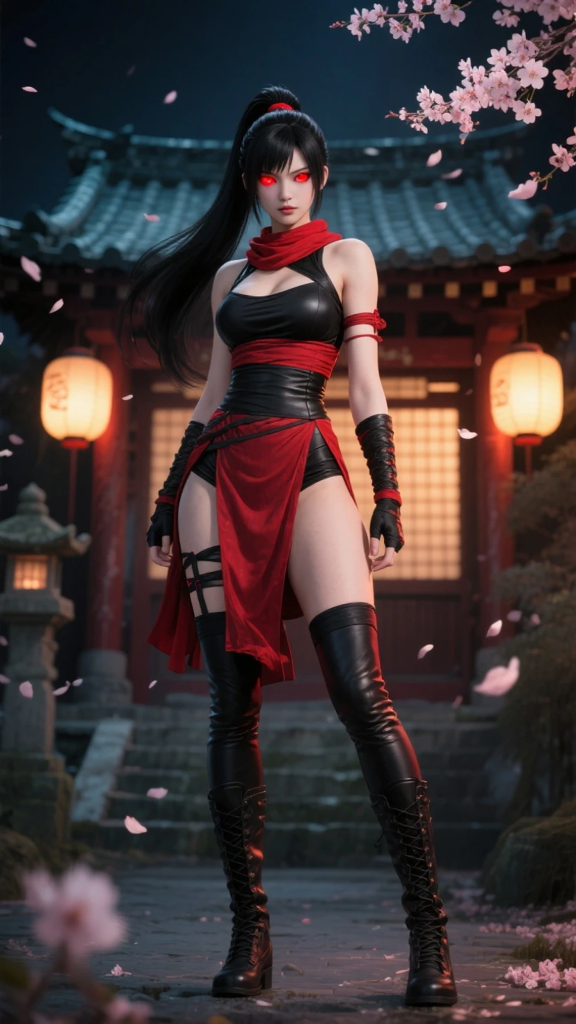 fullbody view, female, green eyes, black hair tied to a bun, strapless full dress, red scarf around her neck, flowy arm sleeves, silk gloves, a fabric is wrapped around her waist