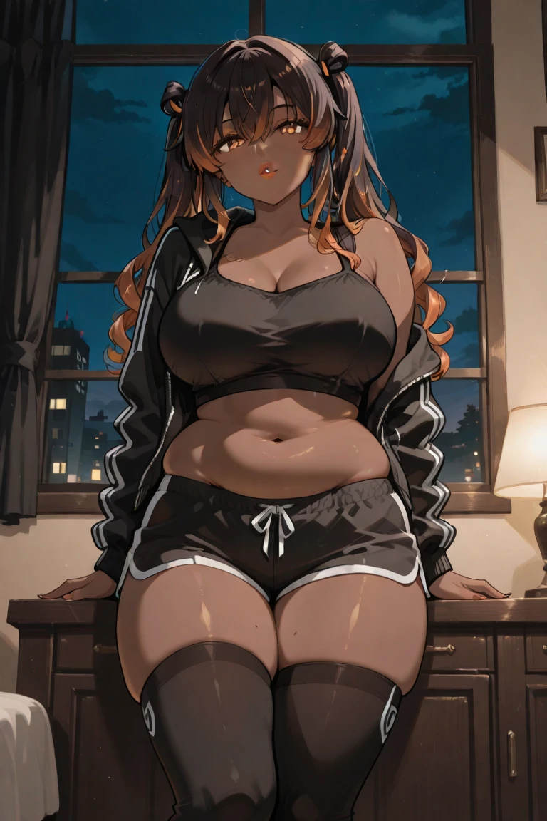 (masterpiece, best quality, highly detailed), 1girls, big belly, huge belly, art by kipteitei, round belly, chubby, curvy, belly grab, enormous belly, fat belly, thicc, bigger belly, really big belly, jiggly belly, glasses, unzipped jacket, (no shirt), bra, thight shorts, high heels, smug face ((full body)), long hair