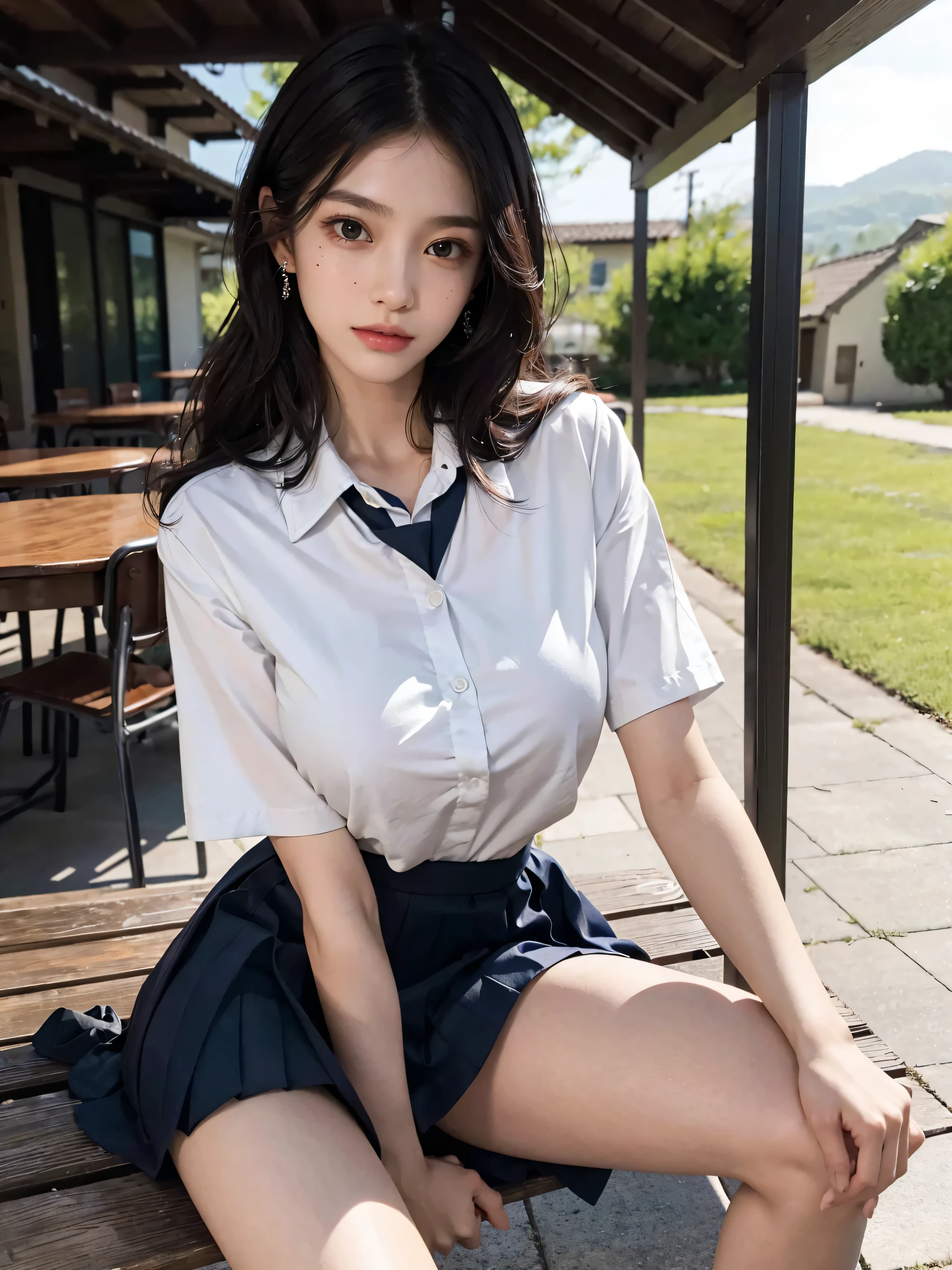 ultra highres,(reality: 1.4),highest quality, masterpiece, high detail, 16K quality, beautiful, 1 beautiful girl,japanese,super beautiful face,baby face,japanese idol face,cute face,super detailed face,detailed hand,beautiful skin,oily skin,big eyes,profeccional lighting,pony tail,brown hair,black beautiful eyes, big smile,sitting with knee up, (skirt lift),big breasts,cleavge,see through white shirt,(checked skirt),white panties,(showing panties),cameltoe,black high socks,spread legs, she is looking at the camera,park,blue sky, nsfw,from front,