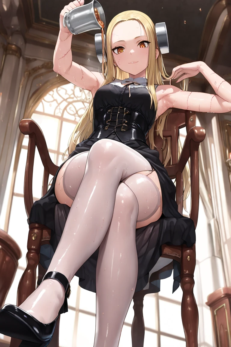 anime, beautiful face, highly detailed face, 2 accurate legs detailed eyes, highly detailed background, perfect lighting, accurate arms, accurate hands, accurate fingers, beautiful blonde hair, full body, 1girl, solo, ruby hoshino, oshi no ko, indoors, detailed heels, black heels, detailed thighhighs, absurdres, high res, ultrasharp, 8K, masterpiece, looking at viewer, teasing smile, elegant pose, clubbing, in a nightclub, beautiful nightclub outfit, beautiful pencil skirt, (arms folded:1.2)