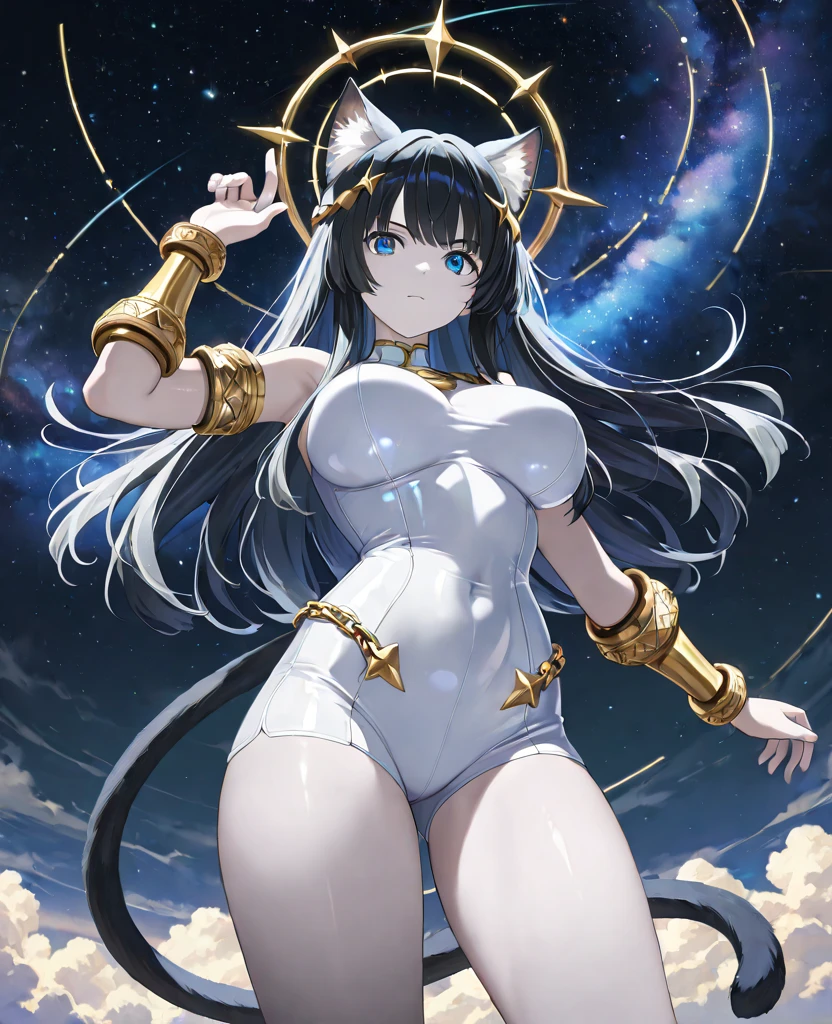 (masterpiece, best quality, detailed), 1girl, solo, looking at viewer,<lora:dehya1:1>multicolored hair, black-gold hair, streaked hair, large breasts, very long hair, blue eyes, dark-skinned female, earrings, animal ears<lora:LatexNinja:1>, latex dress, sideless outfit, arm guards, latex thighihighs ,cockpit, (spacecraft:1.5), science fiction, (space:1.4), (lying, on back:1.6), from above, parted lips, evil smile, teeth