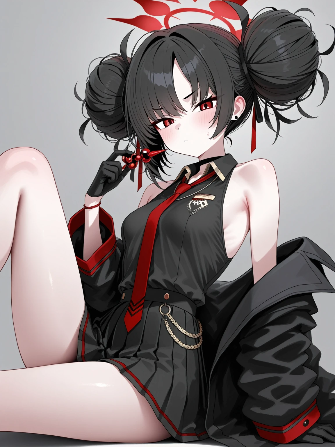 Boyish girl, messy hair, teary eyes, short, skinny, tanned, black bunny suit, rabbit ears, bulge, embarrassed face, hands over mouth, red cheeks, shy, legs spread, hoodie, light clothing, front view, white background, highest quality, highest resolution