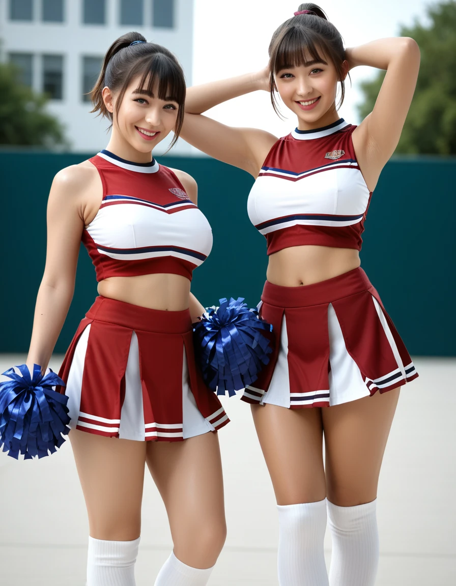 Highest quality,masterpiece,Ultra-high resolution, Very detailed, 8K,a 17 years old beautiful Japanese woman:1.5, blunt bangs, Small face, Breast Augmentation Surgery、 (A gorgeous red cheerleader costume:1.5), Stadium seats、 Very detailedな臭い脇の下、 height:175cm