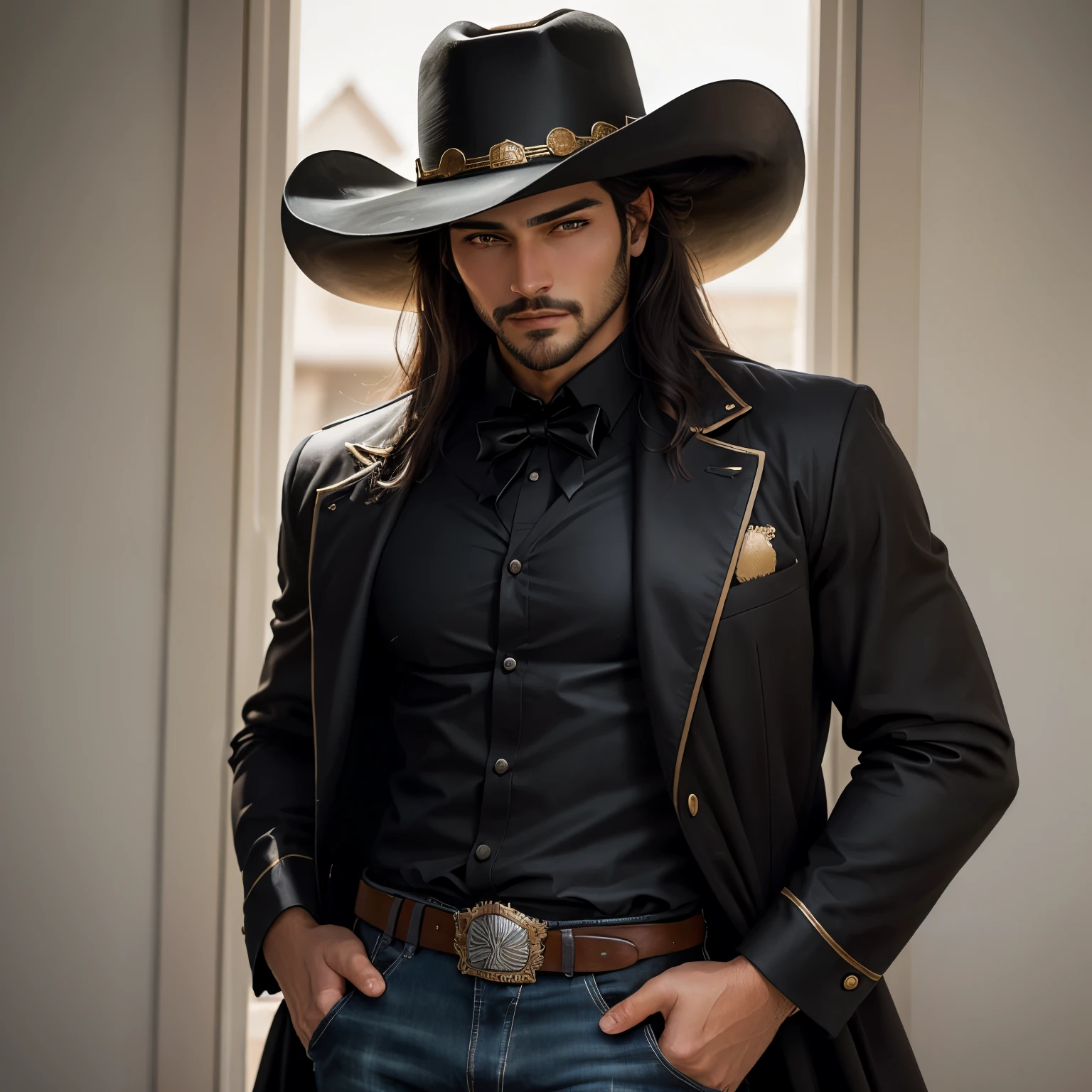 cowboy, dark vibe, faroeste, noite escura, olhar mau, serious look, corpo grande, robusto, roupa preta, rock, black hat --auto --s2