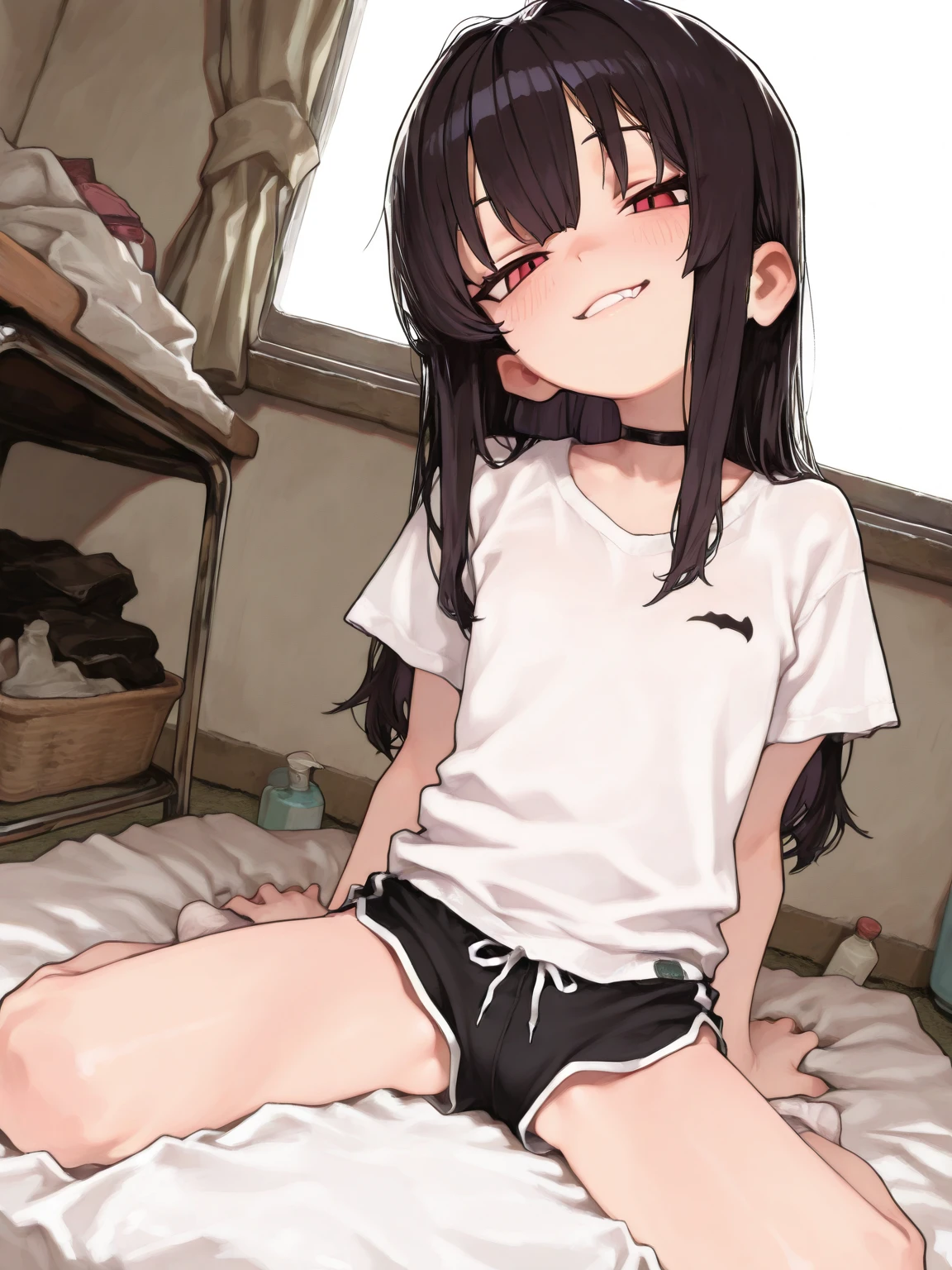 girl's room girl 8-year-old flat chelack r long hair eyes are purple ((1 person)) Baggy white T-shirt on the upper body lower body white panties((White panties are visible)) barefoot on the bed I can see white panties dynamic angle Low angle from the front