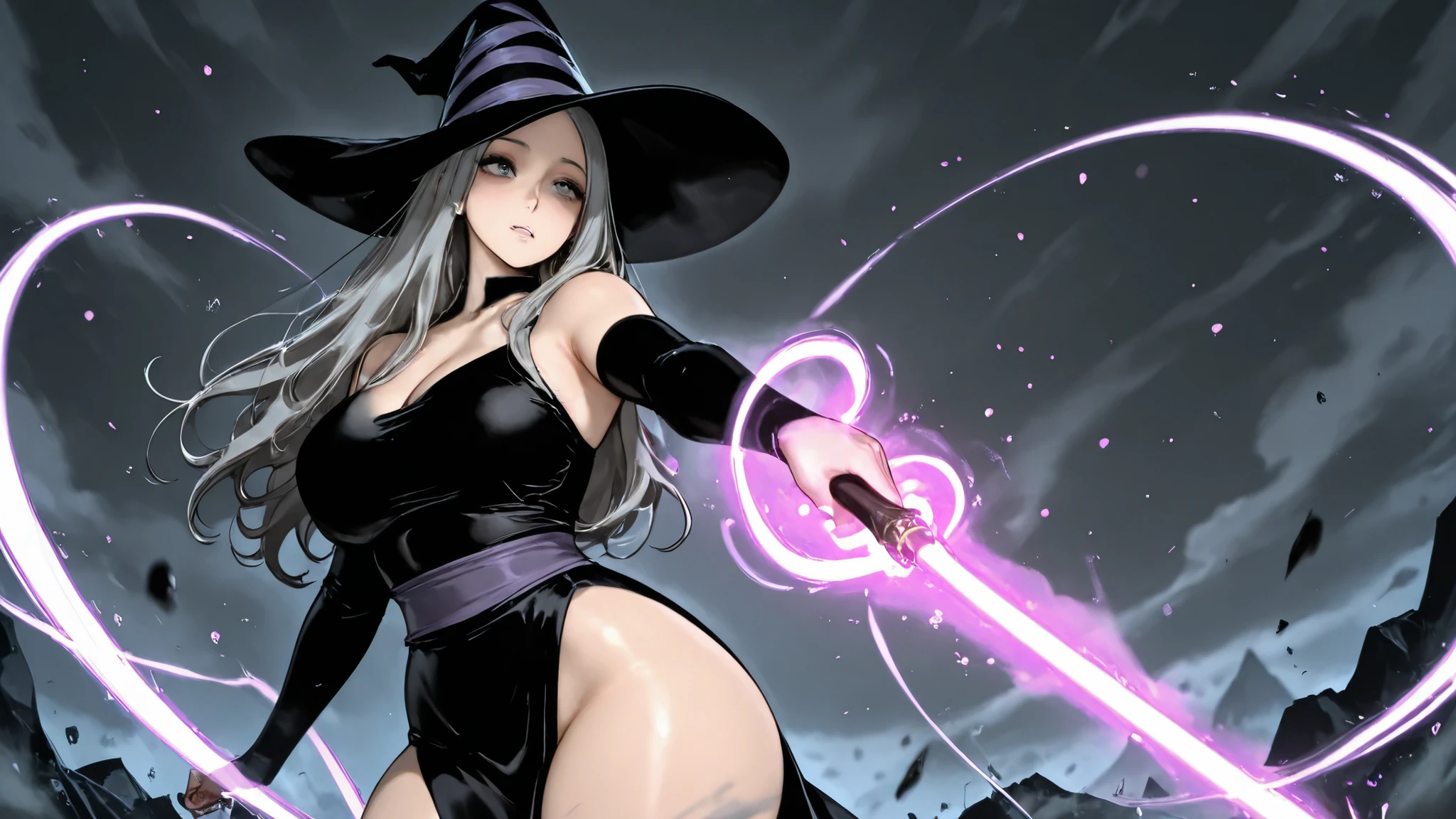 A beautiful long white-haired witch with striking purple eyes, wearing a purple outfit with high boots and a hat, dominant mistress, confident expression, elegant, 8k, detailed, photorealistic, dramatic lighting, fantasy art