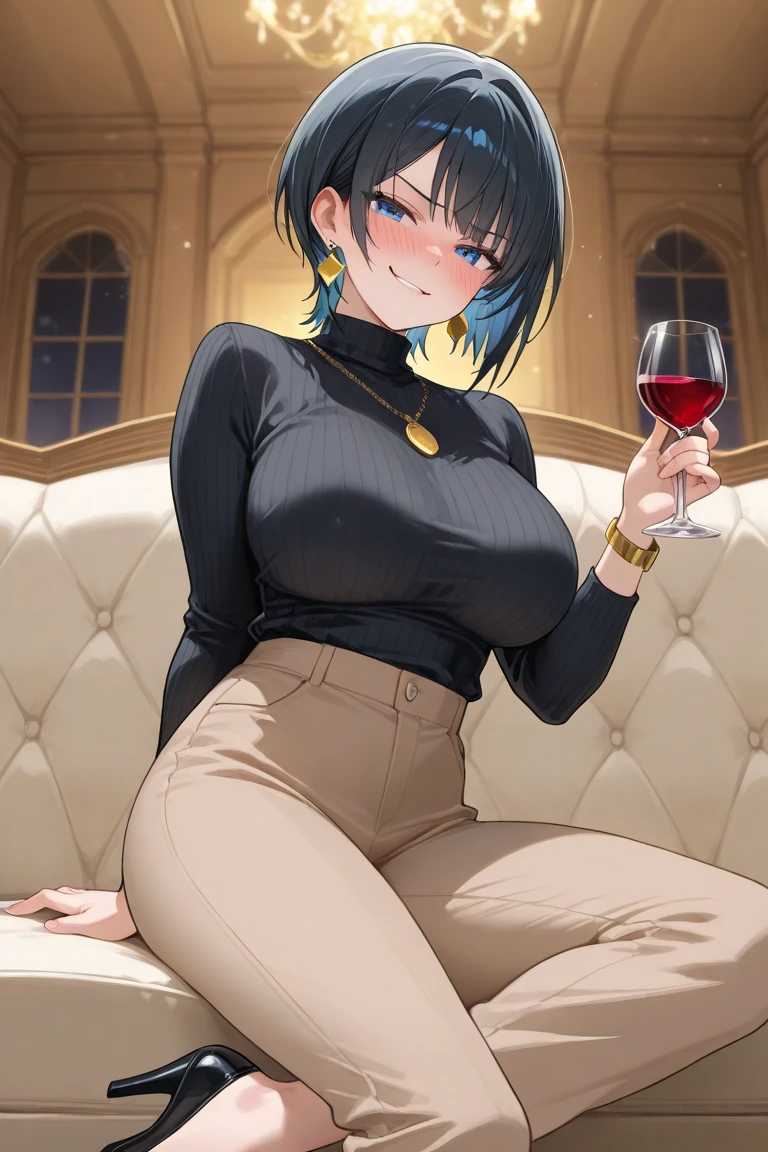 A drunk sweaty slender young European woman with a tall empty wine bottle between her open legs, with short black hair and very small breasts and a normal figure, in a kitchen, crouching on the ground, she is wearing a very short bright blue dress that is soaked wet with wine, the hem of her dress is bunched up to fully expose her naked below the waist revealing her thighs and hips and pussy, kneeling with a bottle between her thighs, in full view high quality