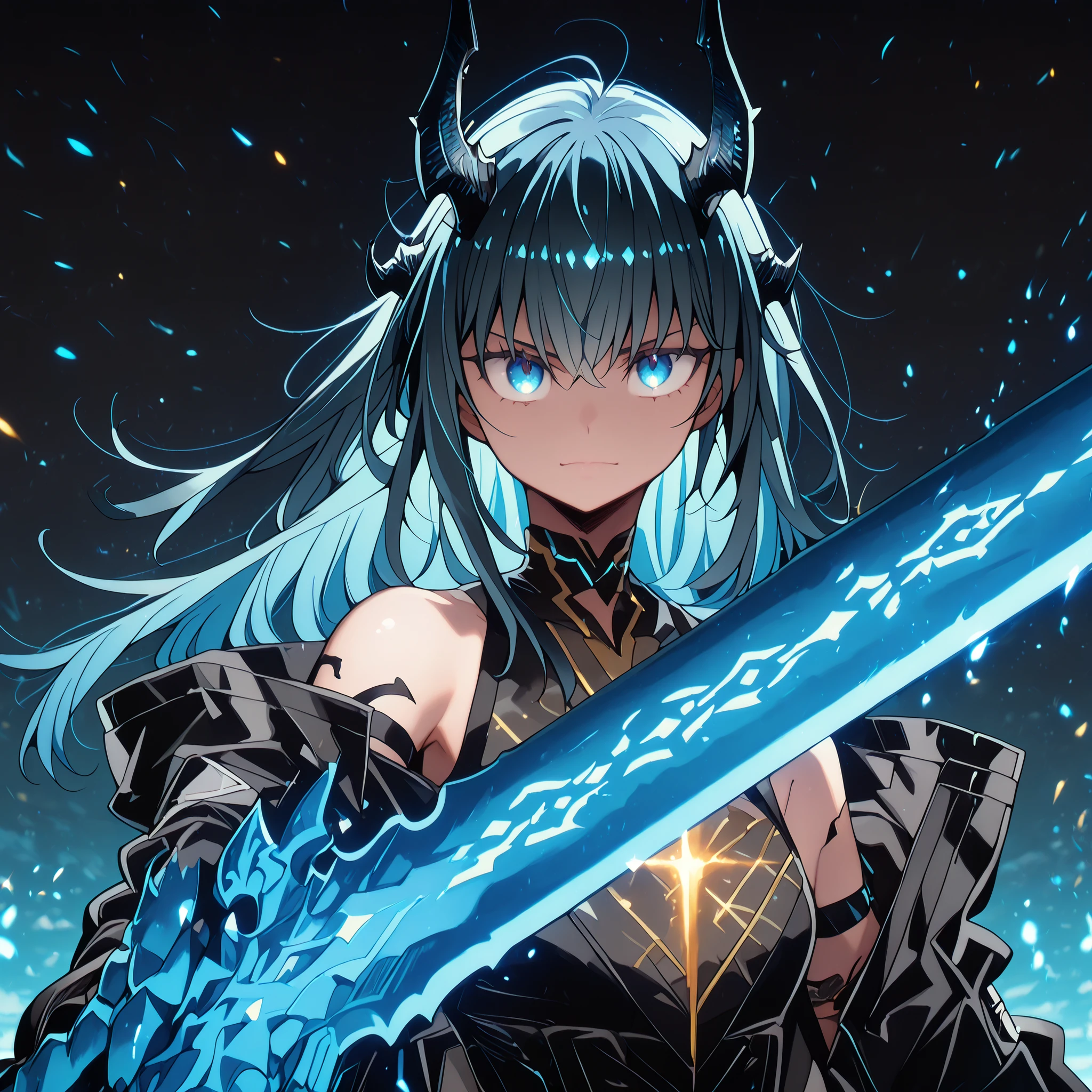 alone, 1 boy, young character, character with the height of Dusk from "Arknights", the character is male, young, black horns like Reed The Flame Shadow from "Arknights", black tail like Reed The Flame Shadow from "Arknights" with sky blue flame on the tip of the tail;
black hair with blue inside, the character's hairstyle must be the same as Reed from "Arknights" completely loose with long choppy bangs, long bangs, the character's face must be the same as Nian from "Arknights" but with blue eyes, flashy blue eyes, provocative face, provocative smile, young, perfect and beautiful face;
perfect anatomy, arms with colorful design like Dusk's, arms with sky blue color, hands with sky blue color, hands with claws, shoulders with sky blue runes;
black coat like Dusk from "Arknights", the coat should fall down the arms leaving the shoulders exposed with the sky blue runes visible, the inner clothing should be black with gold details and should be tight to the body with a futuristic cyberpunk style design (the inner clothing should be black), blue arms exposed, shoulders exposed, short stature;
holding a gigantic greatsword whose blade is longer than the character's height, gigantic greatsword completely black, immense and black blade;
black background, attack position "holding a gigantic greatsword whose blade is longer than the character's height, gigantic greatsword completely black, immense and black blade", looking at the viewer, and hands with blue details, arms colored in the style of Dusk from "Arknights" but in sky blue;
Flashy pose, shoulders and head exposed, close to the face, looking at the character, looking at the viewer, face to face, provocative smile, confidence, height similar to Dusk from "Arknights", male character, character is a young boy, character has a physique similar to Rimuru Tempest from "Tensei Shitara Slime Datta Ken", the character is a young boy like Rimuru Tempest from "Tensei Shitara Slime Datta Ken";