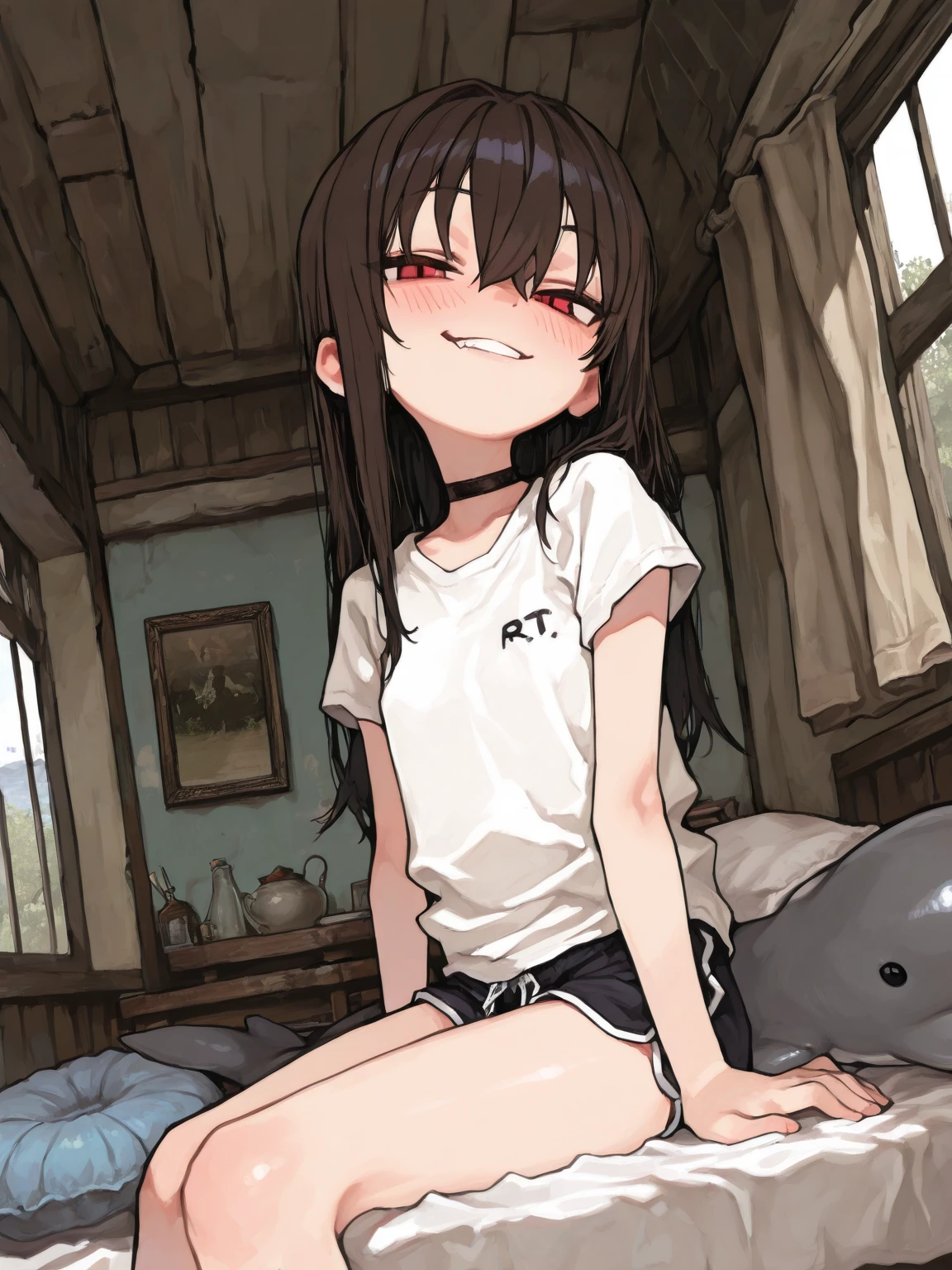（tmasterpiece，Best quality at best，A detailed）， 1girll， 独奏， inside in room， natta， The upper part of the body， sweat leggs， Agataka， roll eyes， Be red in the face， Wet and torn shirts