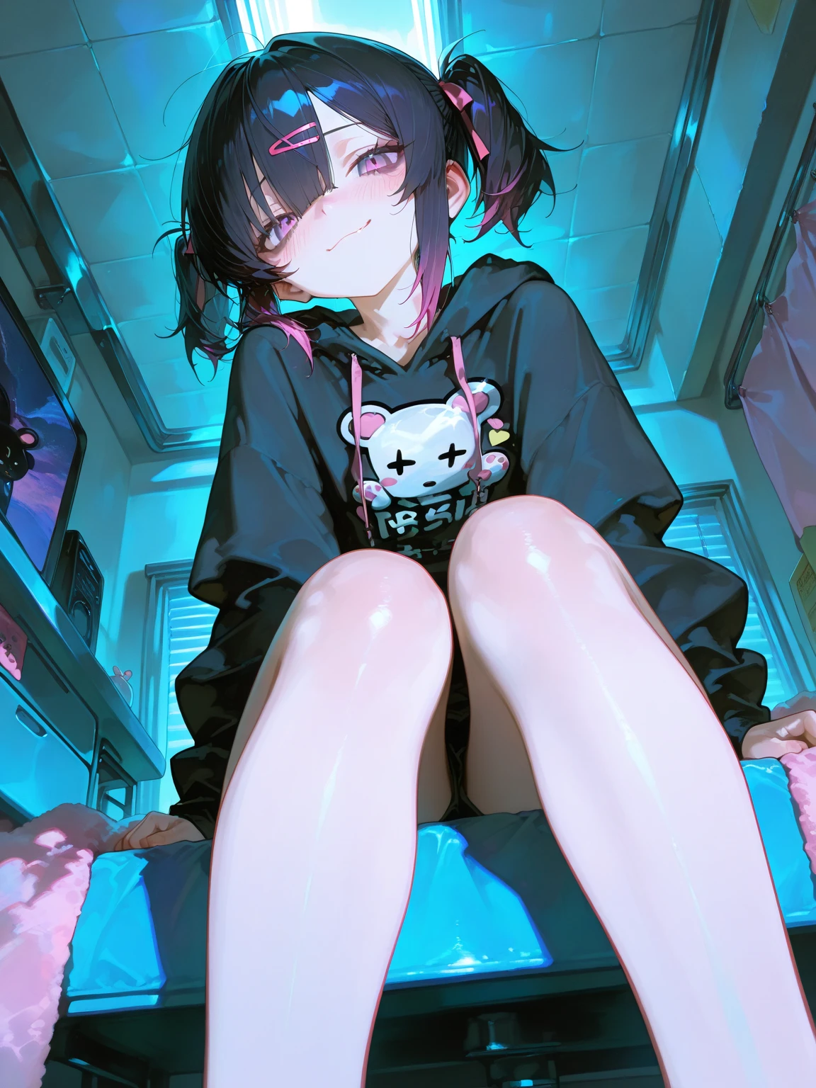 (masterpiece)(high resolution)(head shot)(from above)(fish-eye lens) An 18-year old girl with giant gradient eyes. ((Flat chest)). She has very long, straight black hair with diagonal bangs. Straight, long locks of hair. No ears. ((She wears a purple baseball t-shirt)) She wears jogging shorts, and knee high socks. She's on a couch in dozega pose, looking up at you, (and has a very mischievous, wide grin). blush. exquisite facial details. shiny skin, light reflected off her lips.