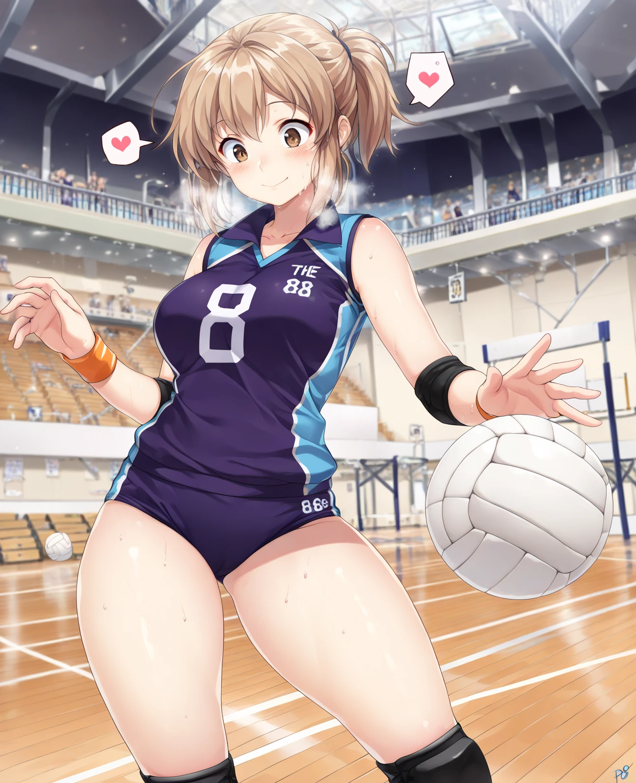 (Perfect body),Best Quality,(8K Portrait),(Official art)、embarrassed from、:o、(((blush))),(Sweat),((large udder))、Wet、(Big ass)、(Brown hair),((short-hair))、((Forehead))、((Parted bangs)), (eyes are brown)、(Brown eyes),(((thick thighs)))、(((White and light blue volleyball uniform)))、((Gymnasium))、(Armpits)