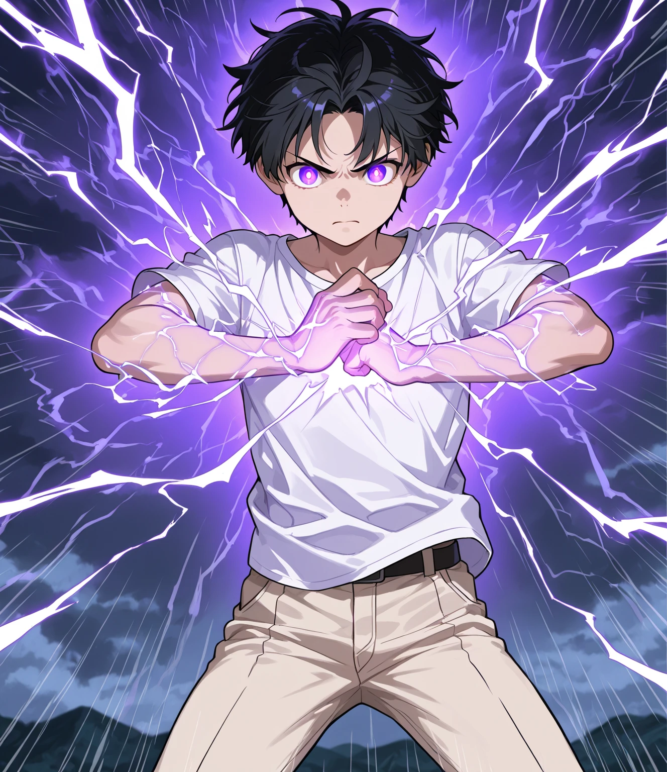 age male with black hair and yellow eyes, electricity powers