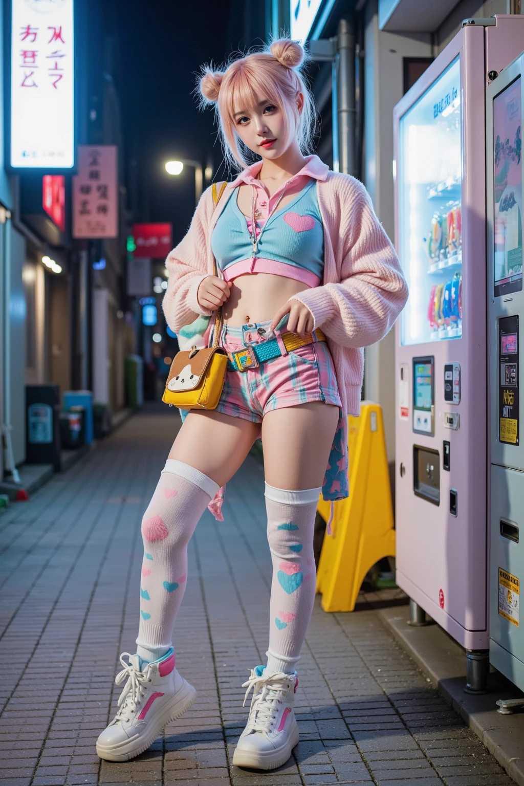(detailed, masterpiece, 8k, 8k wallpaper), 1girl, sexy posing, hoodie, sneakers, thighhighs, pink panties BREAK cybercity, cyberpunk, street, graffiti on walls, neon lights, signs BREAK dark makeup, dark eyes, dark hair, fringe, bangs, BREAK boombox on ground, (green, white, yellow:1.2),
<lora:Astraali_GRAFFITI:1>, (graffiti wall:1.2), <lora:GoodHands-vanilla:1>