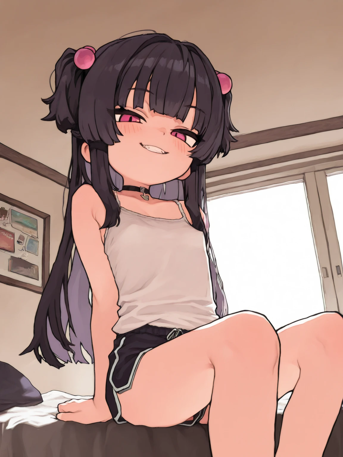 detailed digital art, slim girl, hair is in two pigtails, middle sized breast, mini skirt, visible panty ((green White striped)), high knee socks, laying on her back, legs wide spread