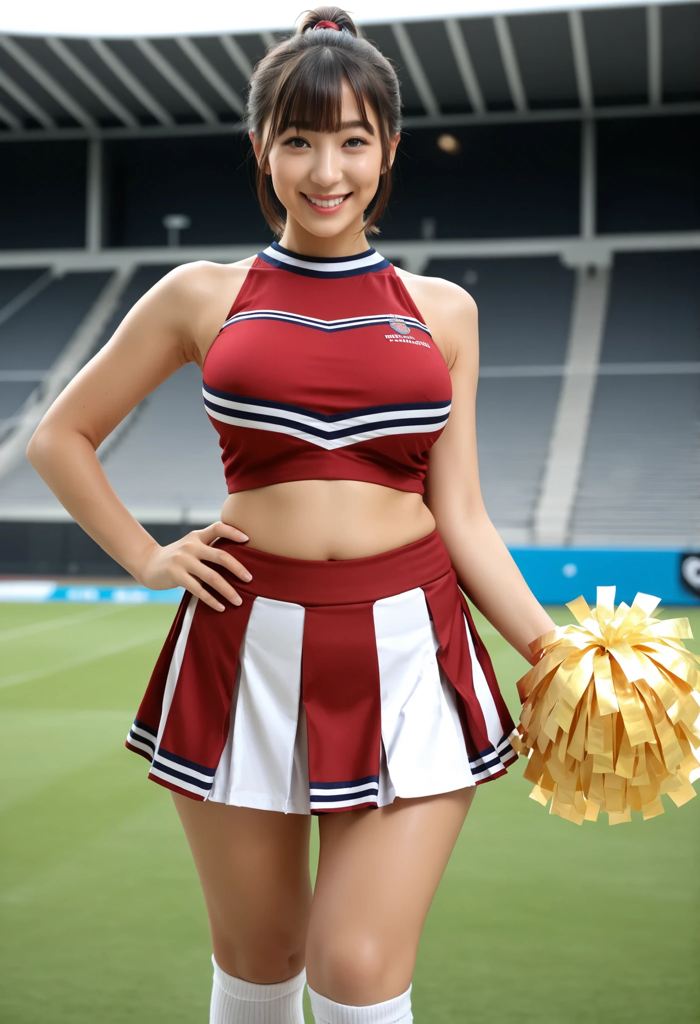 Score_9, Score_8_up, Score_7_up, Score_6_up, Score_5_up, Score_4_up, Source_real, Tag1, Tag2, Anatomically correct, realistic, 1 woman, 22 years old woman, beautiful woman, Highly detailed beautiful face and eyes, Detailed skin, (natural saggy big breast:1.2), big ass, thick thighs, wide hips, curvy, (oiled body:1.2), smile, (short ponytail hair with bangs), (tanned skin:1.1), (cheerleader, red uniform, sleeveless, big pom-poms, short skirt, Knee high socks), armpits, one hand on hip, leg up, cowboy shot, Summer season atmosphere, Being in the football stadium,
