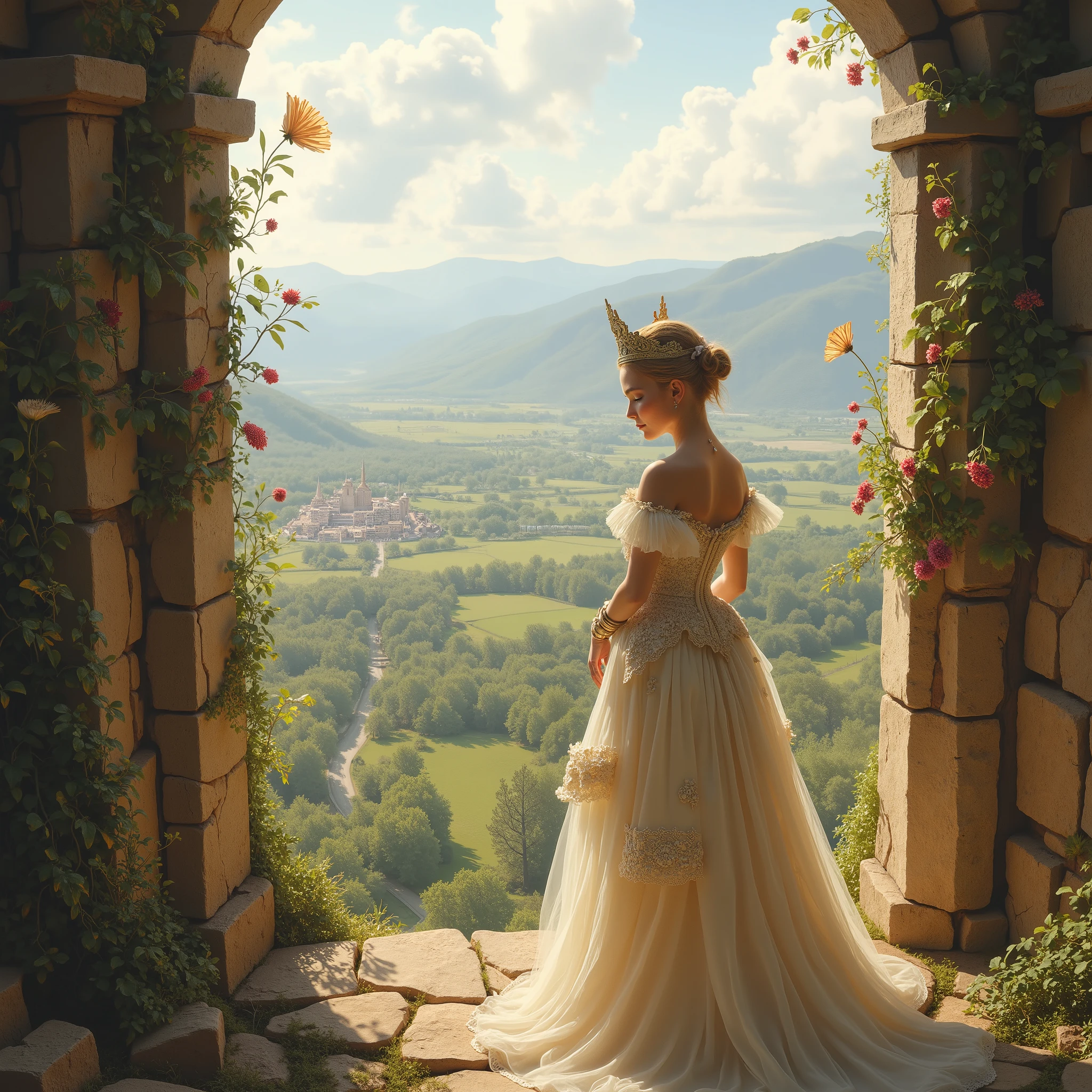 The kingdom spread out against the princess standing in the royal palace tower, Sunlight shining through, the princess looking down at the common people with proud eyes, Vast fields and mountains in the background. fantasy elemental, whimsical fantasy