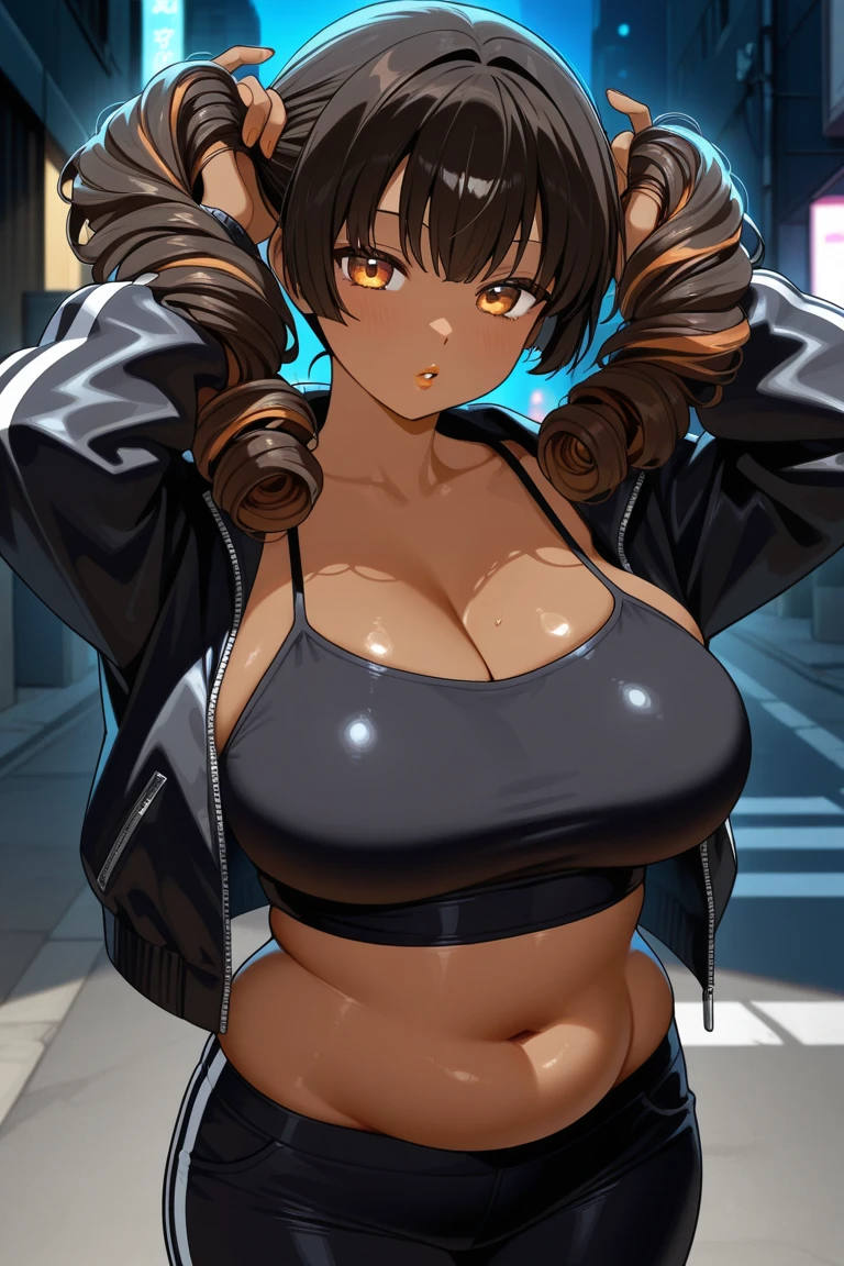 (Anime style), ((Mature Woman)), Female Policeman, Black Belt, Open Wear, Leather Jacket,Dark Brown Light Wavy Hair, Police Badge, Strap on Chest, Big Rifle, Gun, Cobblestone Criminal Lair Background, Thigh Height, Black Leather Boots, Provocative Poosing, High Leg, High Leg Thong, Night, Naked Tits, Dressed Clothes, Boobs, Side Boobs, Cleavage, Police uniform, baseball cap, headset, under, (((low leg laces)), (((skindentation)), panties pulled down, exposed, (shiny on), shiny all over body, glossy all over body,
