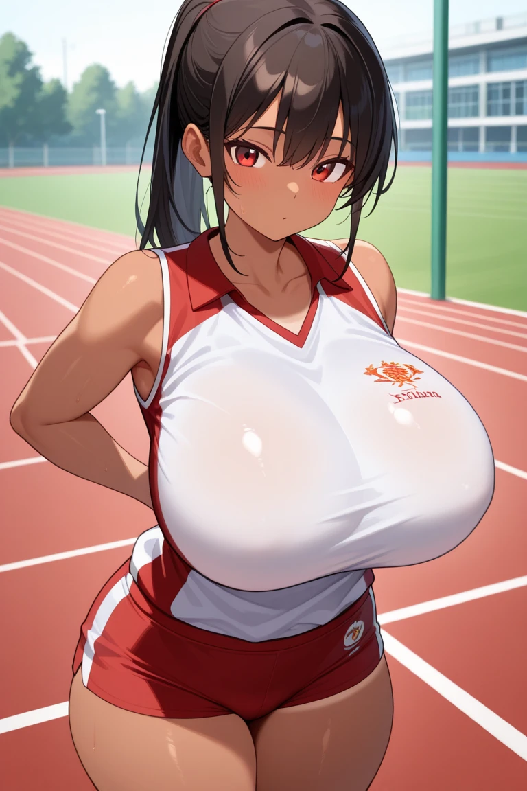 Mai Shiranui, anime, king of fighters, big breasted, gigantic breasts, long hair, long saggy breasts, running, jogging, sweating, sweaty, brown hair
