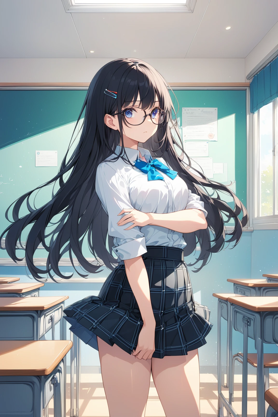 高いquality illustration, masterpiece, Very delicate and beautiful, masterpiece, Highest quality, High resolution, Very detailed, Perfect lighting、1 female、Very young、cute、(Wavy Long Hair)、Black Hair、Big Breasts、Glasses、white short sleeve sailor uniform、Navy blue pleated skirt、library、Library、Bookshelf、(Full body portrait)、(shoes)、(loafers)、(白いshoes下)