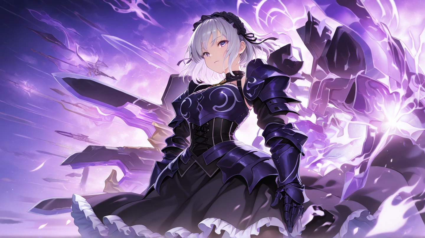 masterpiece, middle ages, Castle, 1 boy, gray eyes, purple hair, twintails, short hair, ((black bikini armor knight)), cute eyes, medium breast, glaring, open mouth, ((from above)), ((front)), open mouth, Vivid depiction, orgasm, scared, ((abs)) ahegao, angry, ((small breasts)), dynamic pose, black robe, skirt, Thighhighs, hair ornament